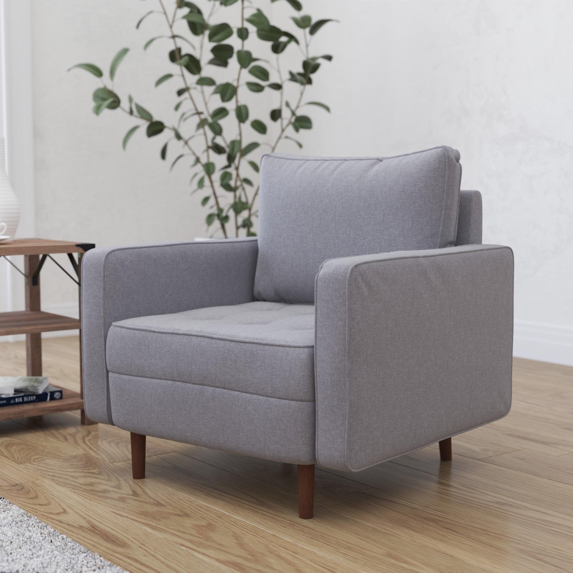 Merrick Lane Mid-Century Modern Armchair with Tufted Faux Linen Upholstery & Solid Wood Legs in Slate Gray