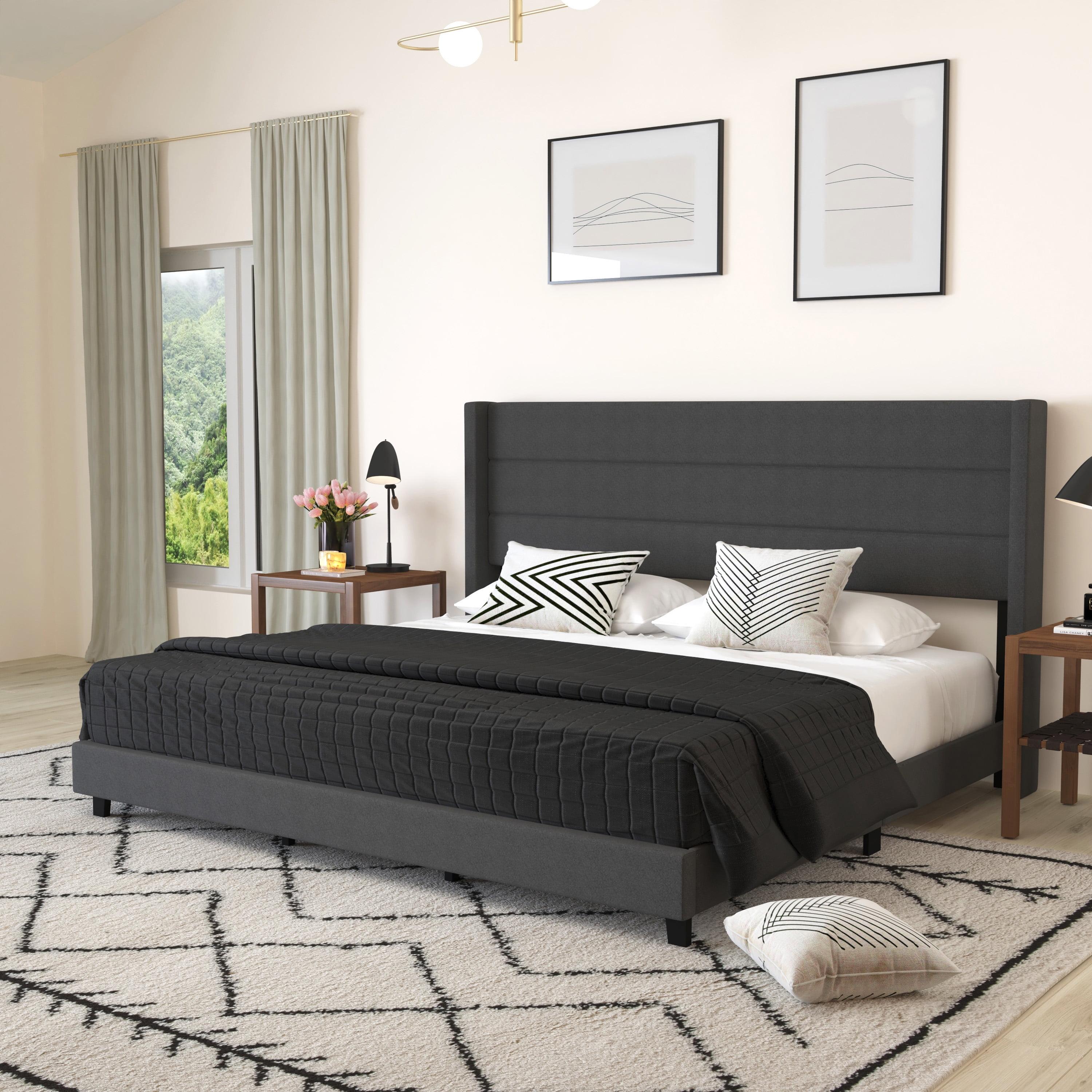 Charcoal Faux Linen King Platform Bed with Upholstered Wingback Headboard