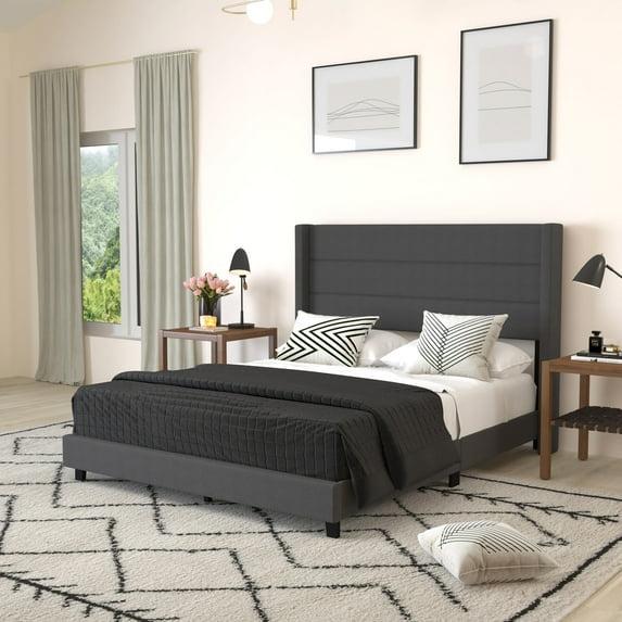 Merrick Lane Modern Queen Platform Bed with Padded Channel Stitched Charcoal Faux Linen Upholstered Wingback Headboard and 6" Underbed Clearance