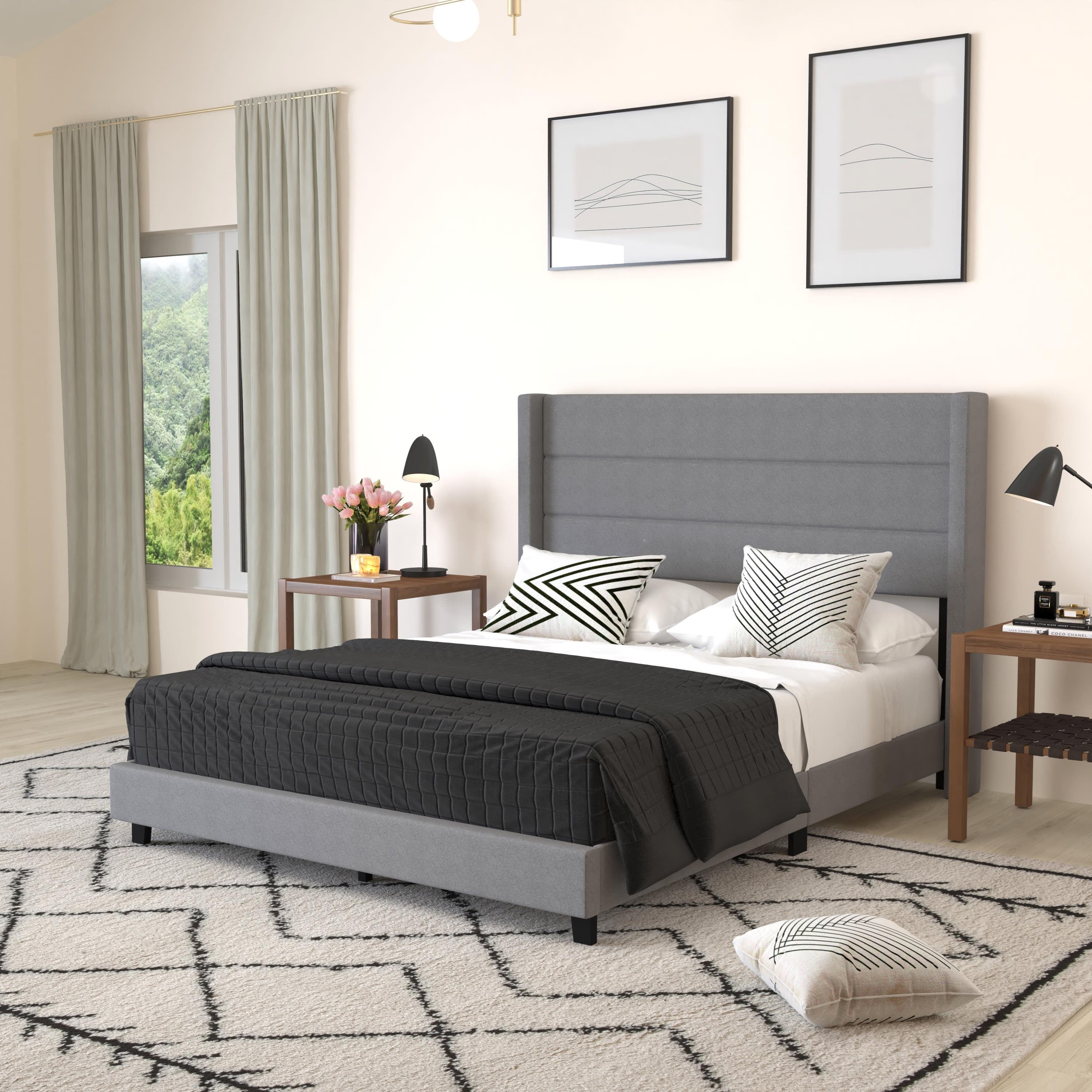 Gray Linen Upholstered Queen Platform Bed with Wingback Headboard