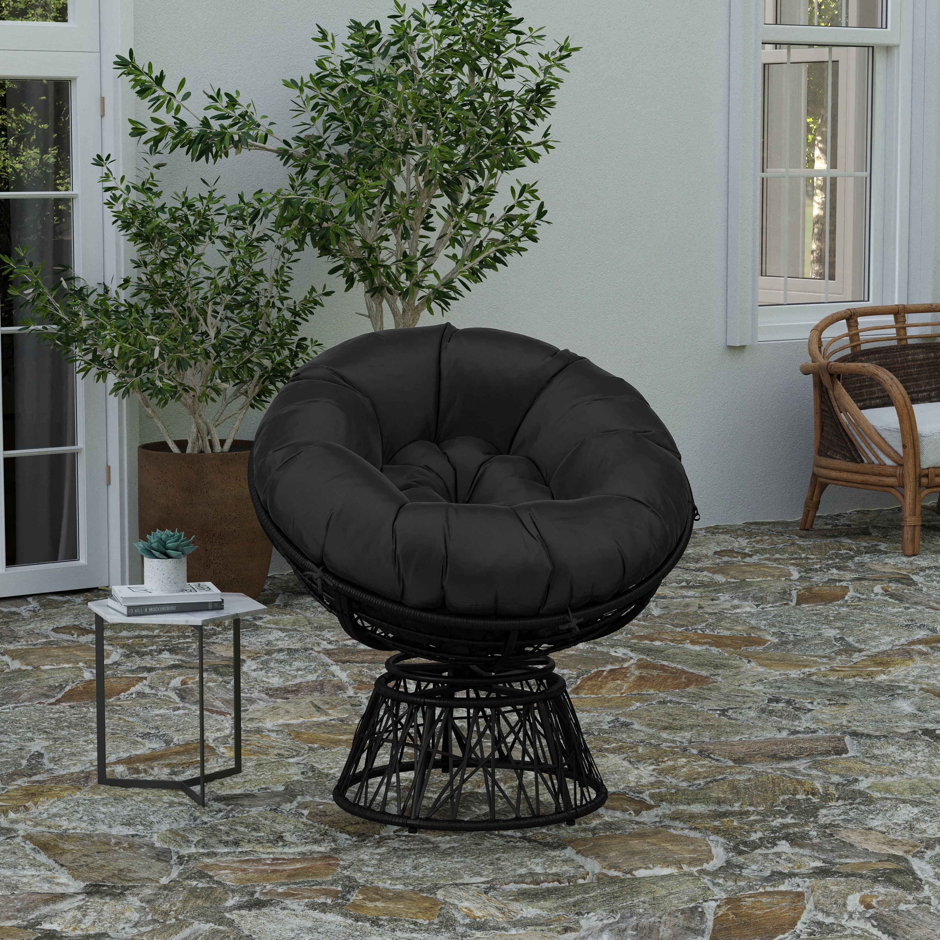 Black Woven Wicker Papasan Swivel Chair with Cushion