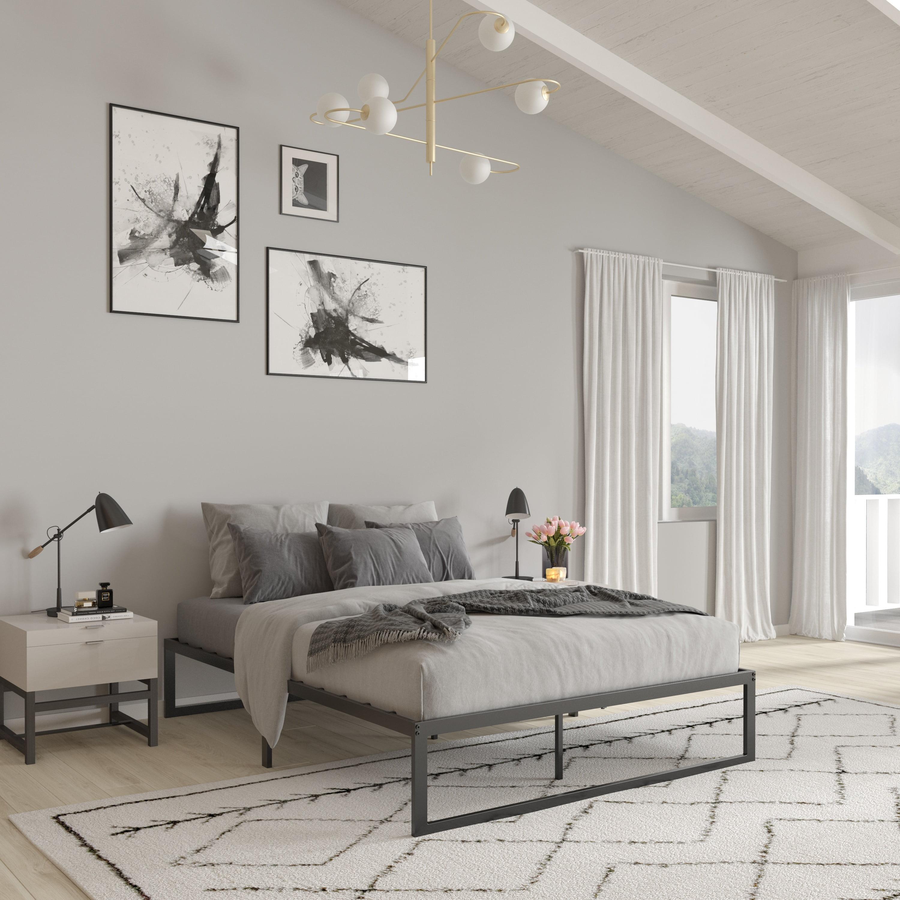 Merrick Lane Queen Size 14 Inch Black Steel Bed Frame With Steel Slat Support For Any Mattress (No Box Spring Required)