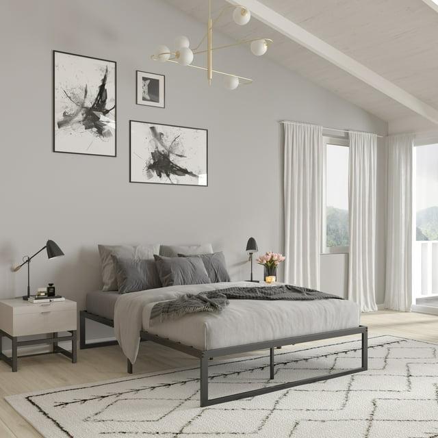 Merrick Lane Queen Size 14 Inch Black Steel Bed Frame With Steel Slat Support For Any Mattress (No Box Spring Required)