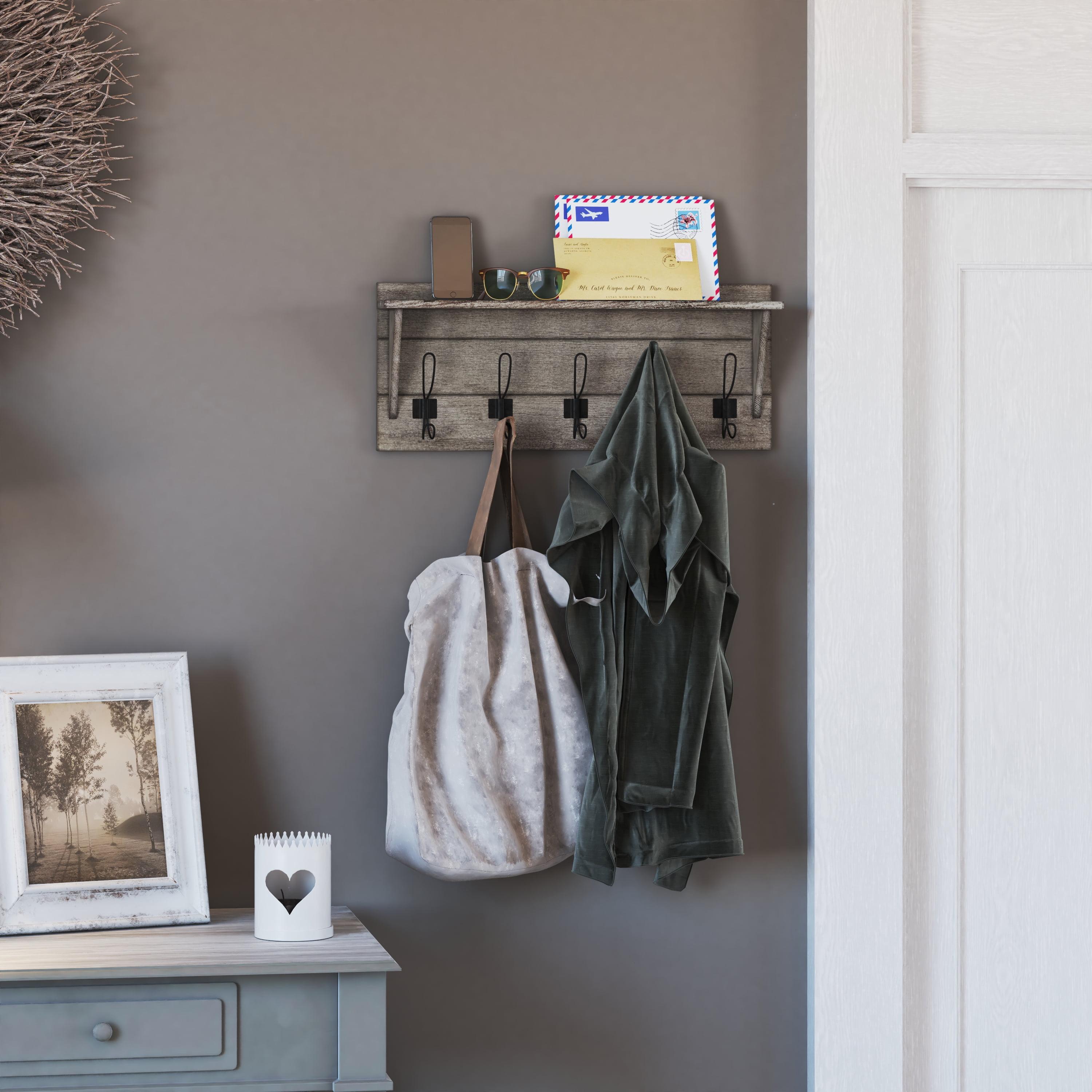 Rustic Brown Pine Wood Wall Mount Storage Rack with Shelf and Hooks