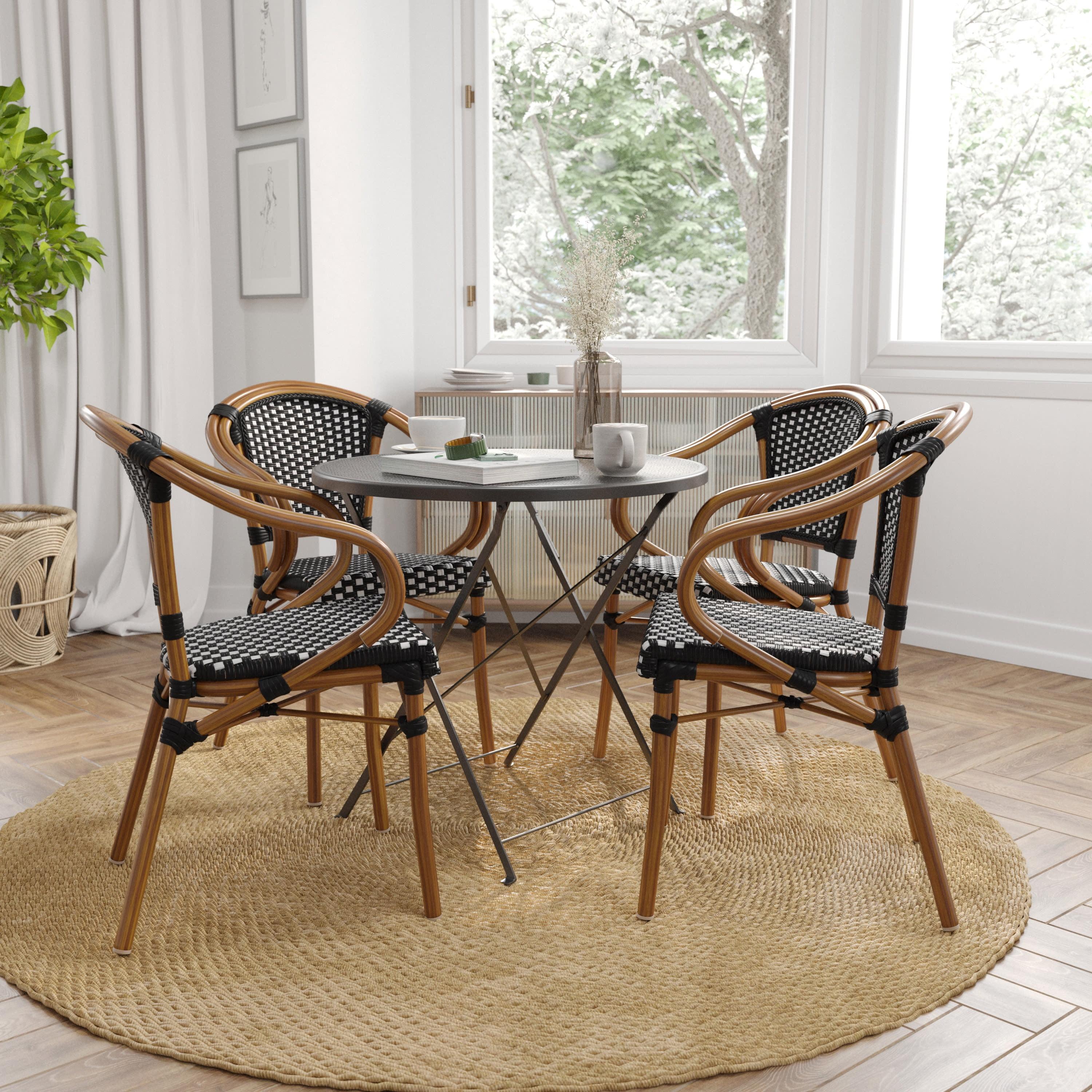 Merrick Lane Sacha Set of Four Stacking Thonet Bistro Style Chair with Arms, Black & White PE Rattan Seat, & Bamboo Metal Frame for Indoor/Outdoor Use