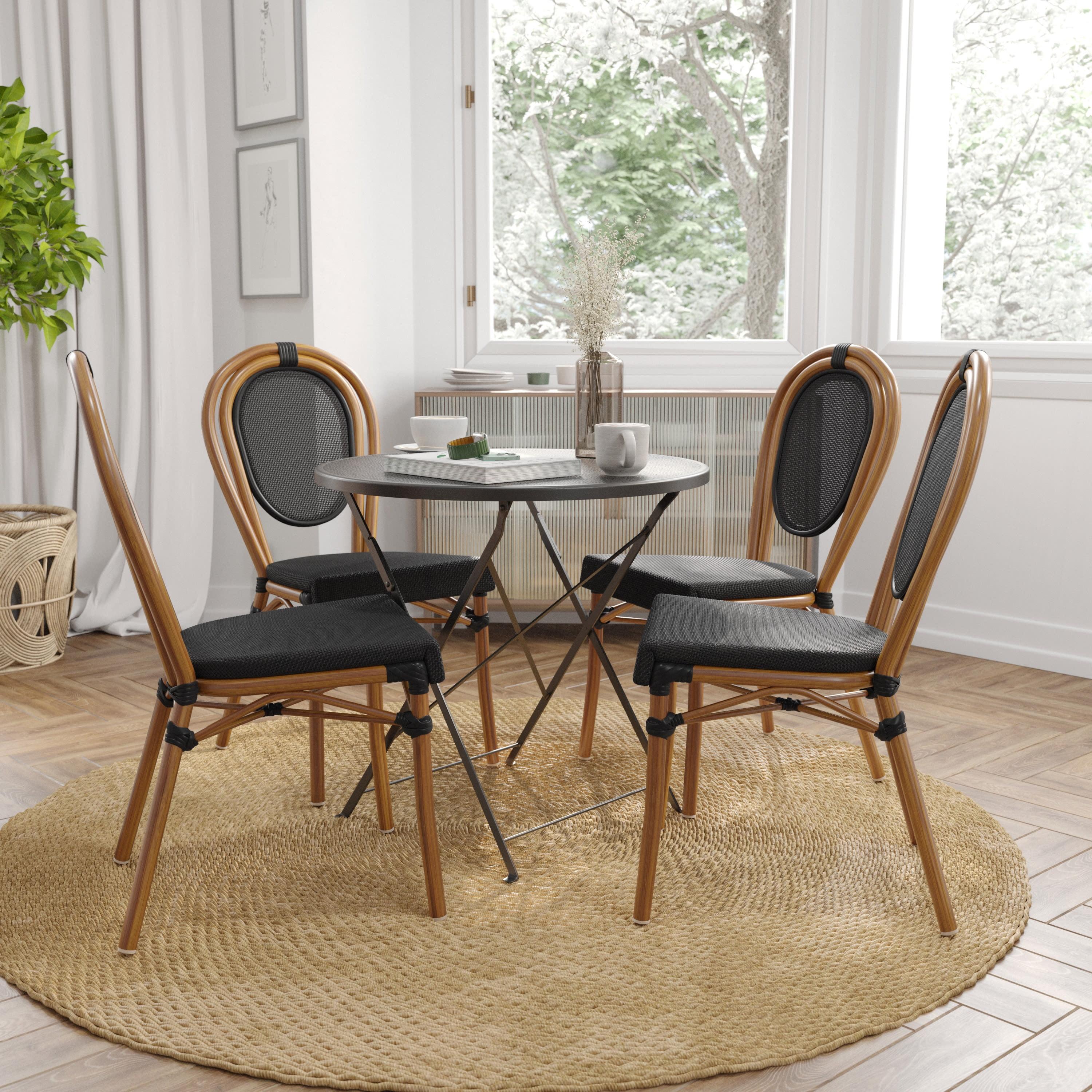 Merrick Lane Mael Set of Four Stacking Thonet Bistro Style Chair with Arms, Textilene Seat, and Bamboo Finished Metal Frame for Indoor/Outdoor Use