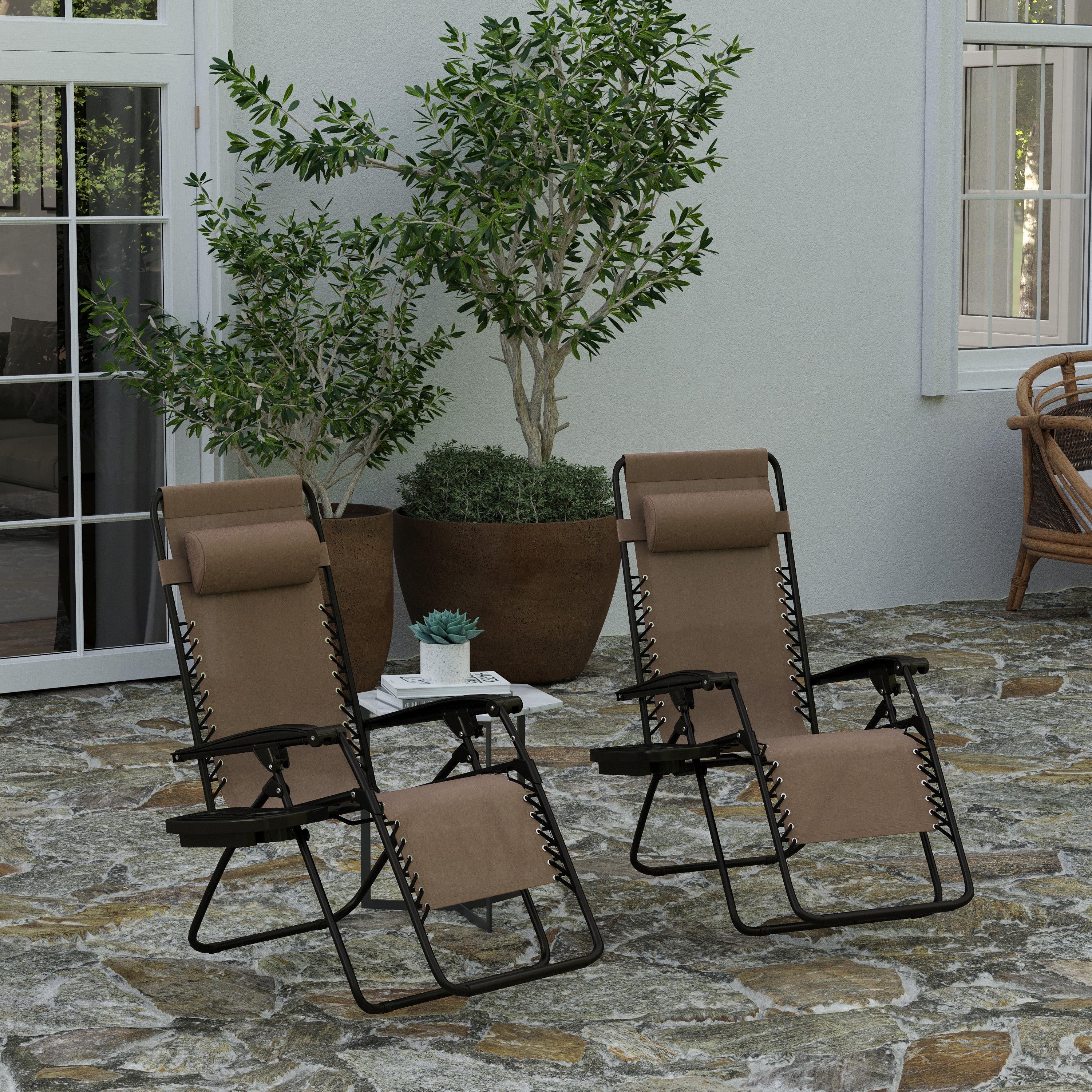 Merrick Lane Set of 2 Brown Folding Mesh Upholstered Zero Gravity Chair with Removable Pillow and Cupholder Tray