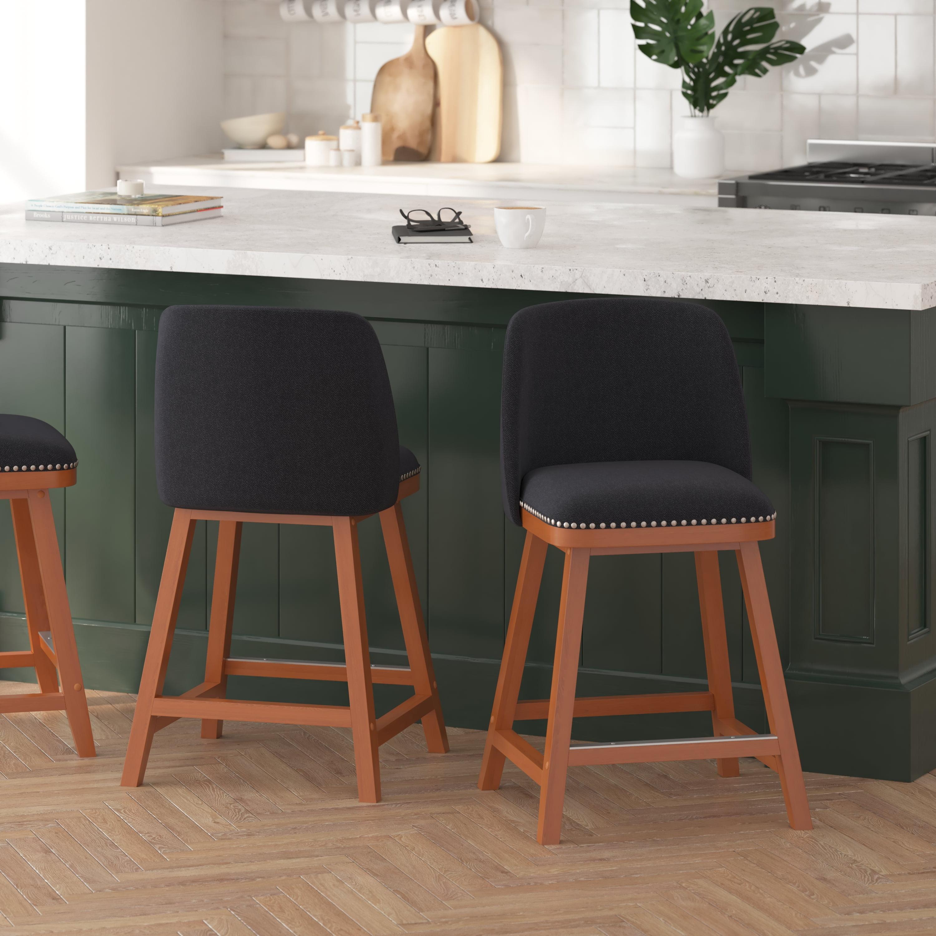 Merrick Lane Set of 2 Charcoal Faux Linen Upholstered 24" Counter Stools with Nail Head Accent Trim and Walnut Wood Frames