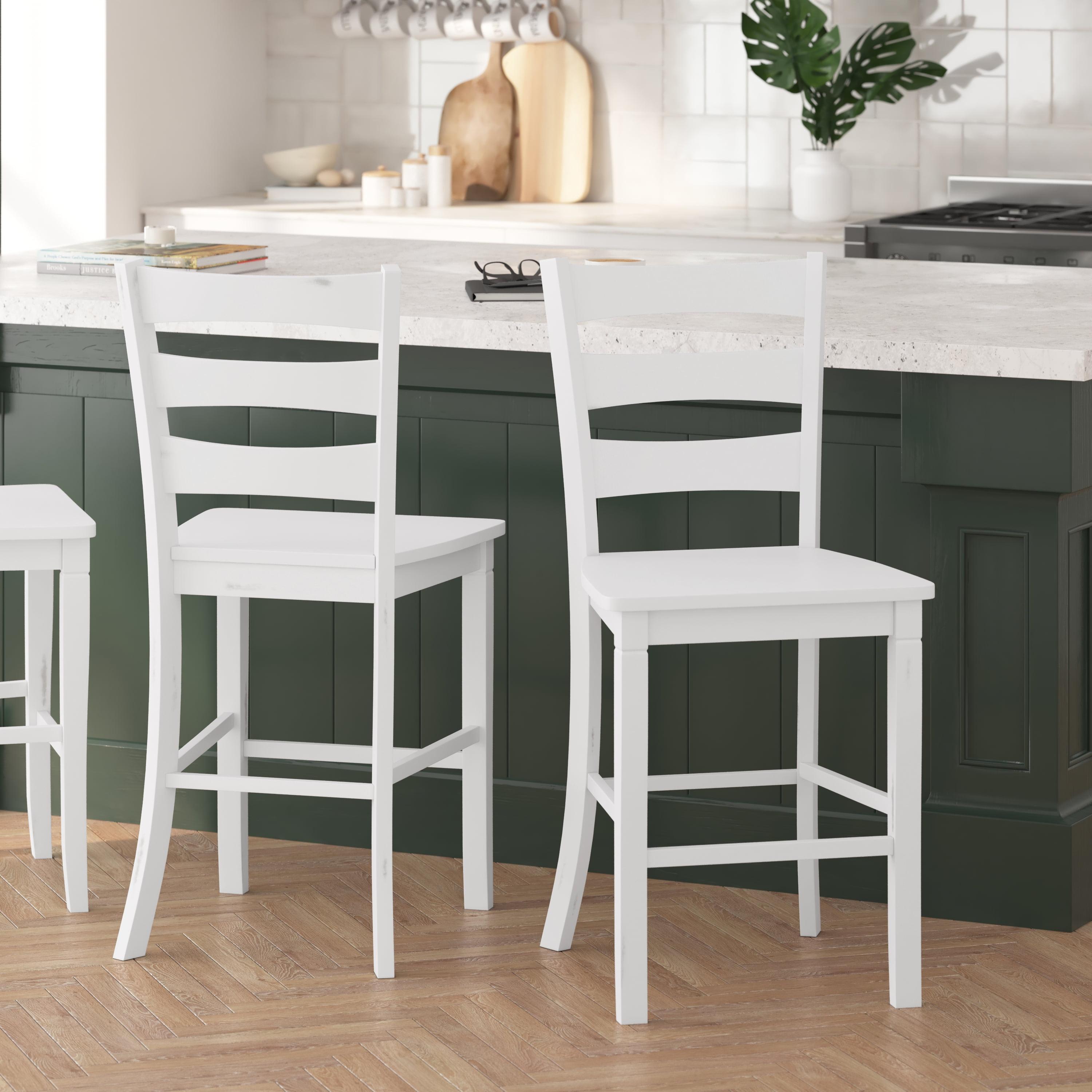 Merrick Lane Set of Two Classic Wooden Ladderback Counter Height Barstools with Solid Wood Seats in Antique White Wash