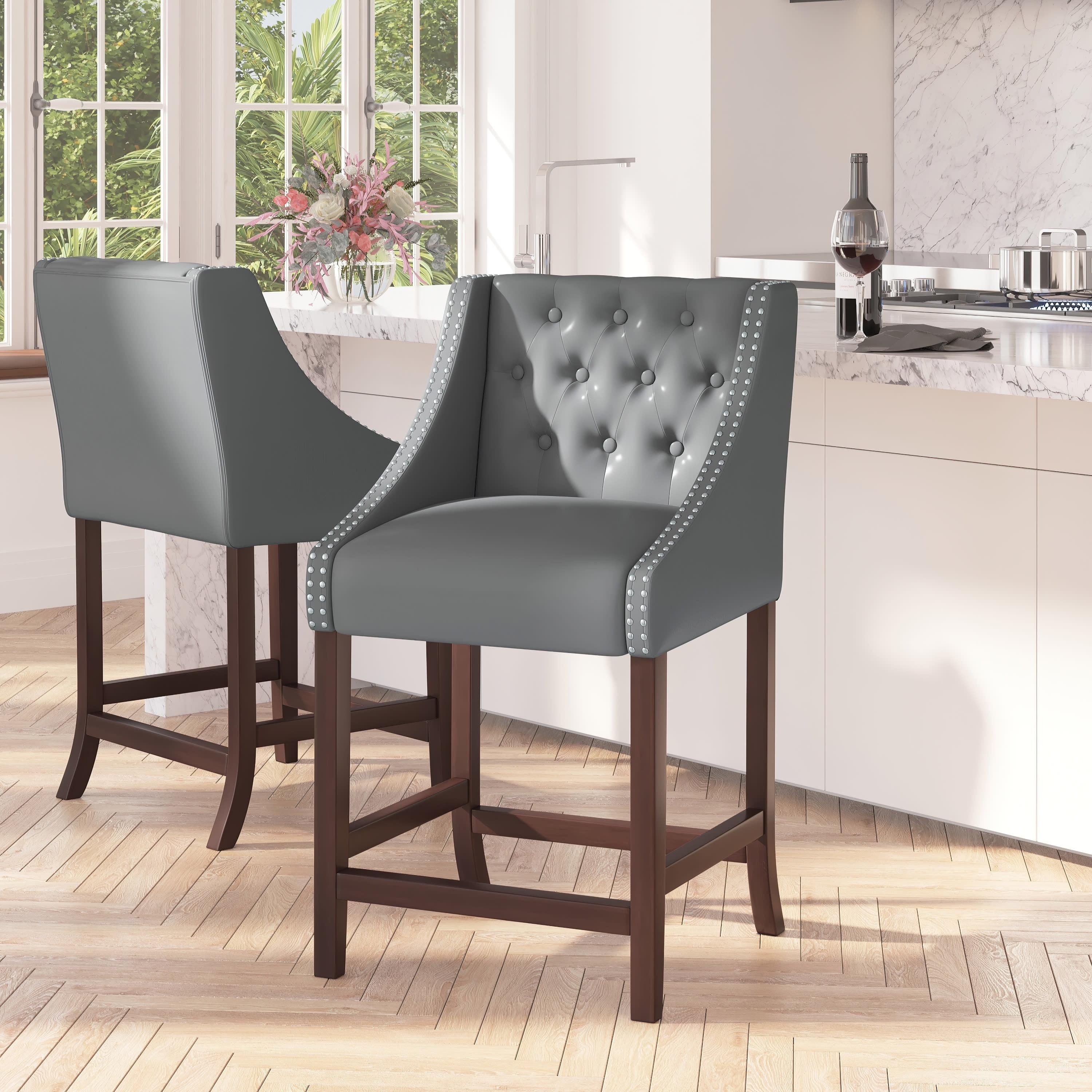 Merrick Lane Hadleigh Upholstered 24" High Stool Transitional Light Gray Faux Leather Tufted Walnut Counter Stool with Accent Nail Trim