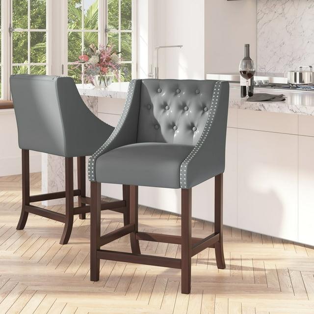 Merrick Lane Hadleigh Upholstered 24" High Stool Transitional Light Gray Faux Leather Tufted Walnut Counter Stool with Accent Nail Trim