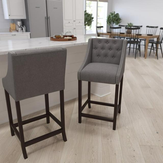 Merrick Lane Upholstered Barstool 30" High Transitional Tufted Walnut Barstool with Accent Nail Trim in Dark Gray Fabric