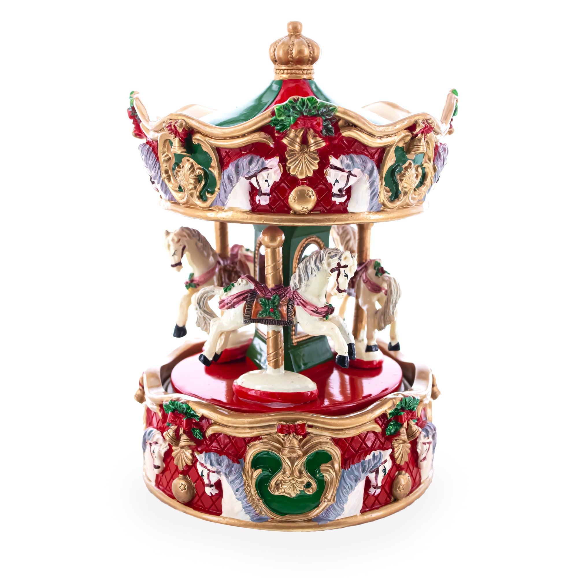 Hand-Painted Christmas Carousel Musical Figurine with Spinning Horses