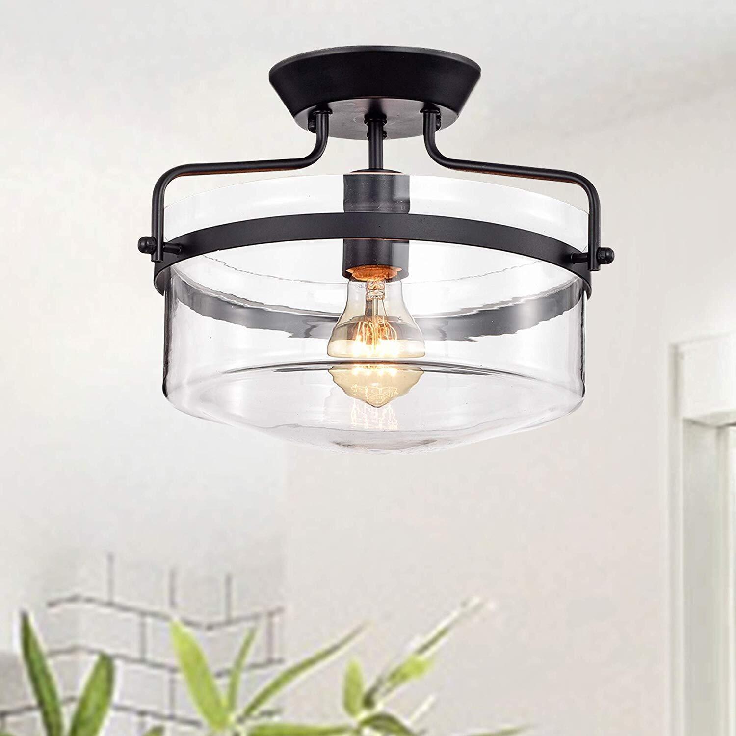 Merwin Matte Black 13" Semi-Flush Industrial Ceiling Lamp with Clear Glass Bowl