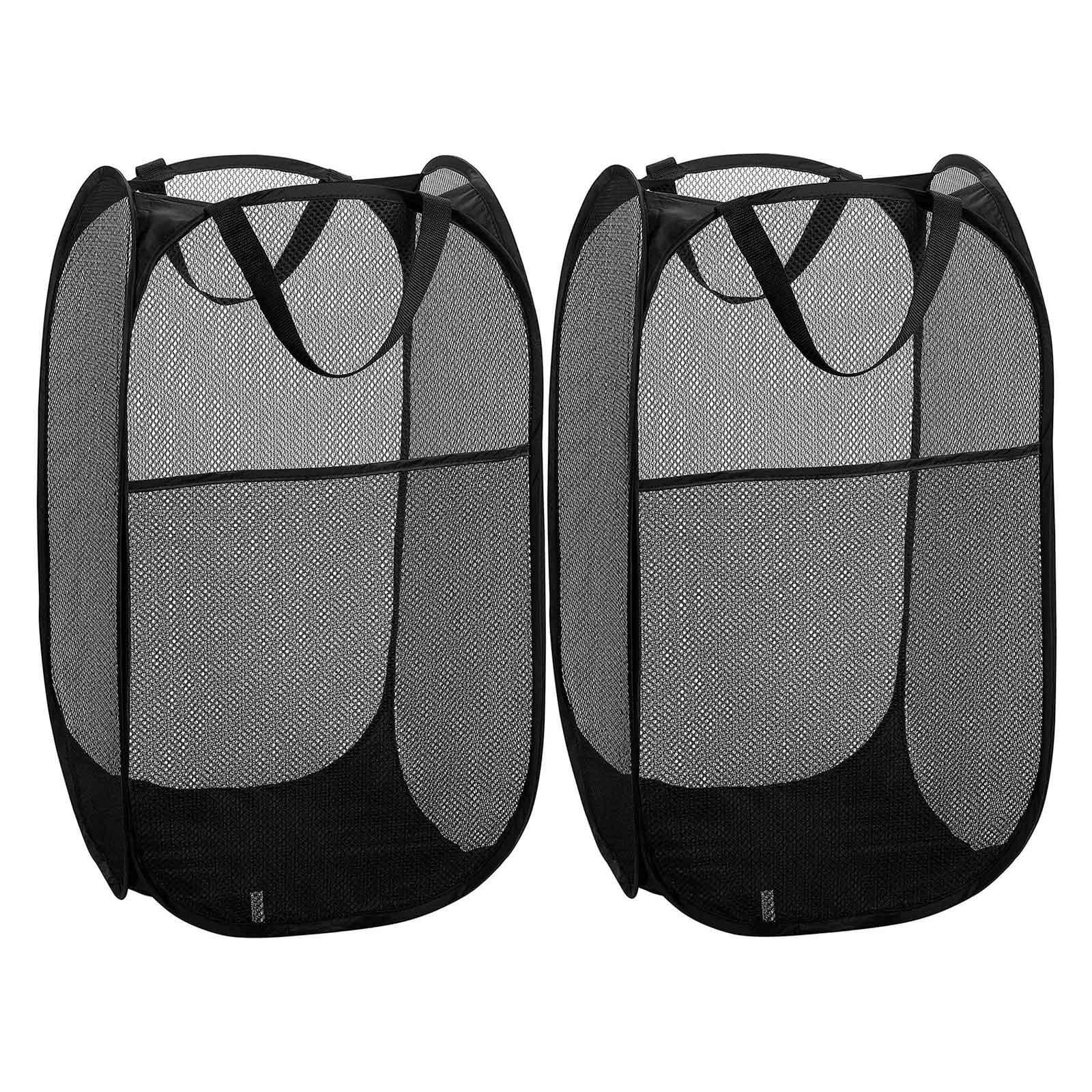 Collapsible Mesh Pop Up Laundry Baskets with Wide Opening and Side Pocket – Laundry Hamper, Breathable, Sturdy, Foldable, and Space-Saving Design for Clothes and Storage (Black)
