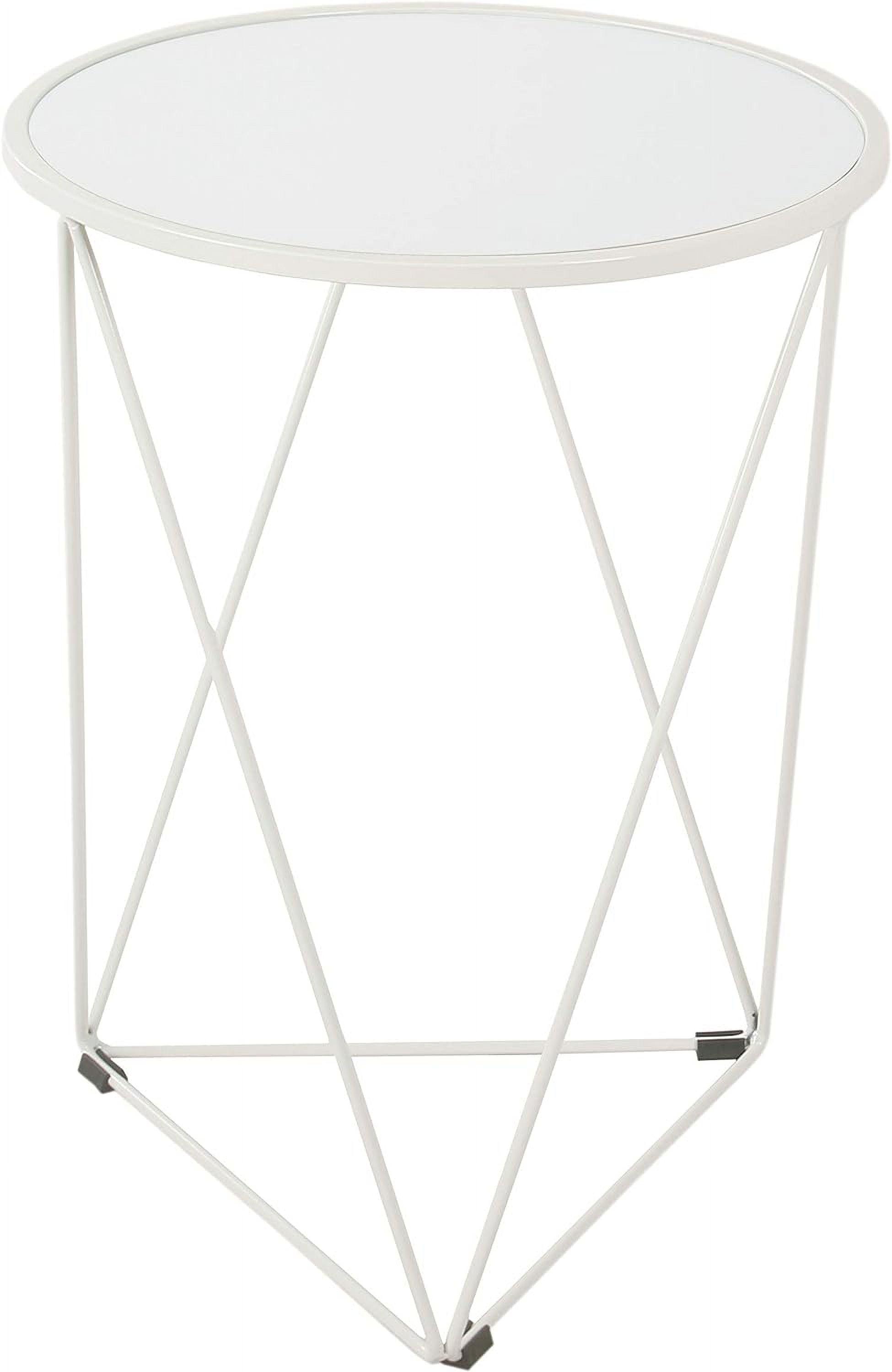 Elegant White Metal Triangle Base Round Mirrored Accent Table