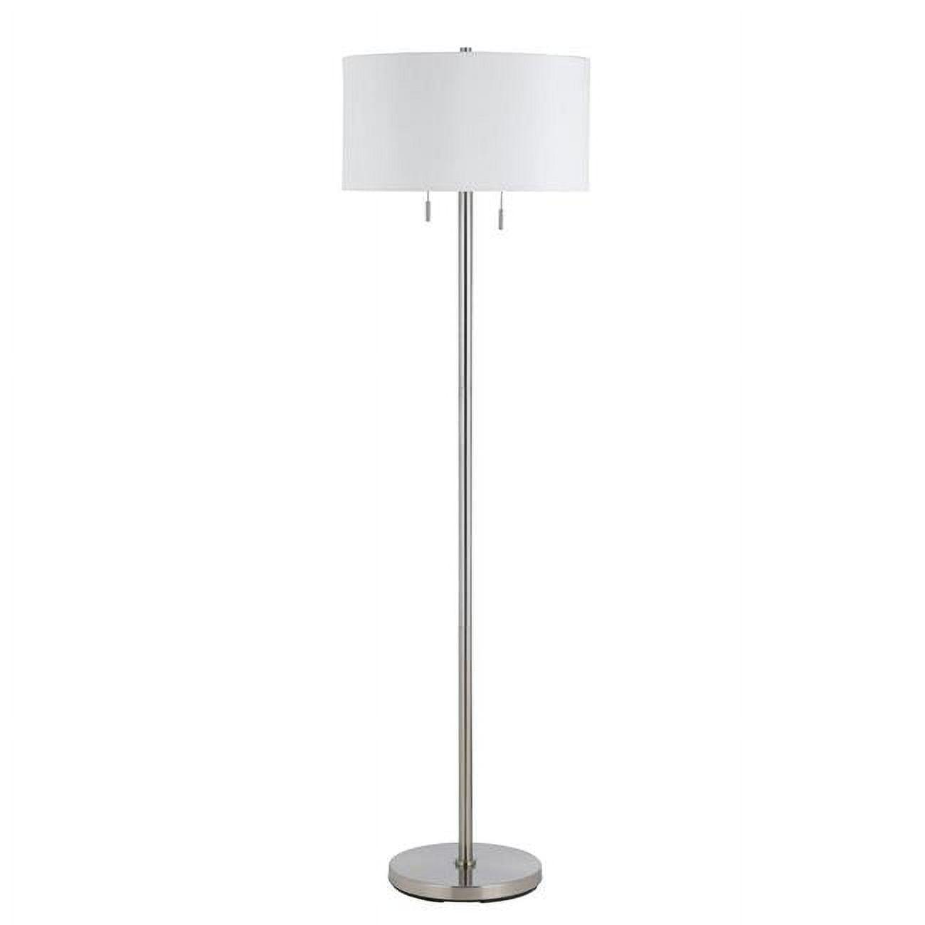 Metal Body Floor Lamp with Fabric Drum Shade & Pull Chain Switch, Silver