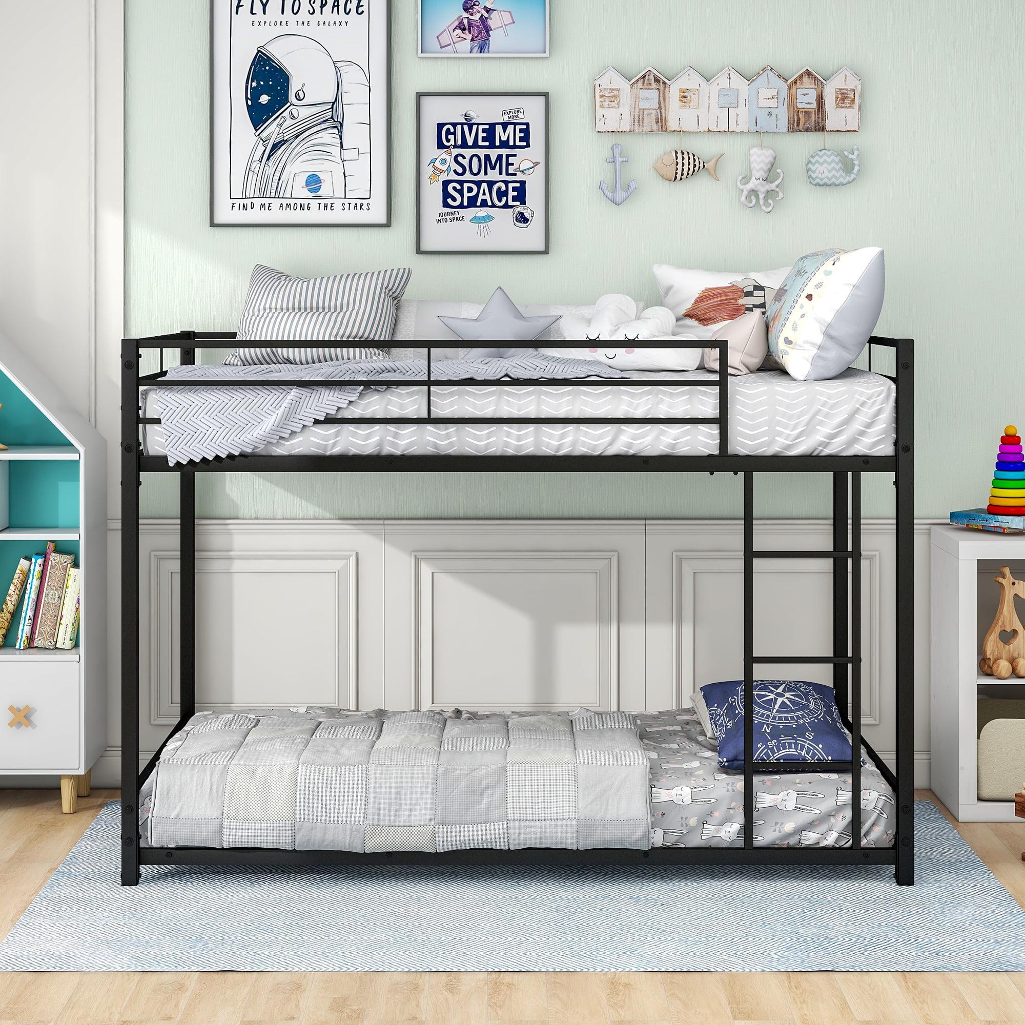 Black Metal Twin Over Twin Bunk Bed Frame with Storage and Slats