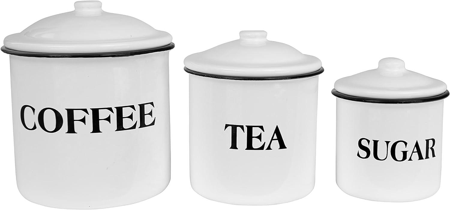 Storied Home Set of 3 'Coffee Tea Sugar' Metal Containers with Lid: Kitchen Canister Set for Coffee & Tea Storage