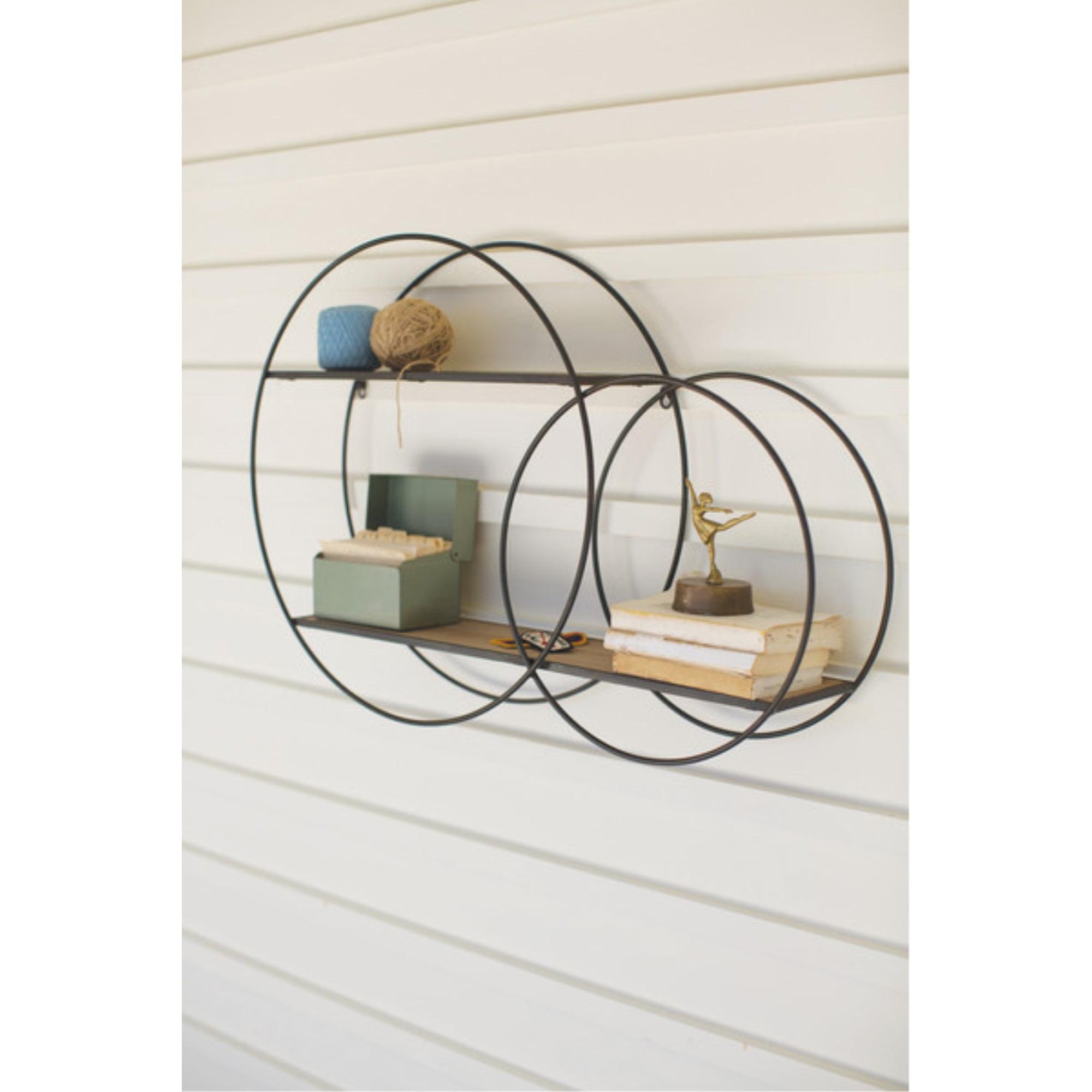 Rustic Gray Wood and Iron Double Circle Wall Shelving Unit