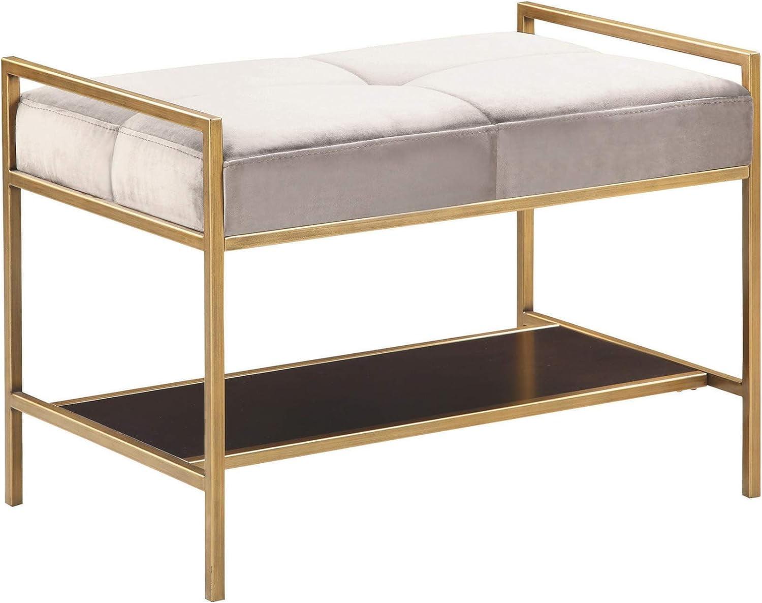 Gold Tone Metal Frame Bench with Gray Velvet Tufted Seat