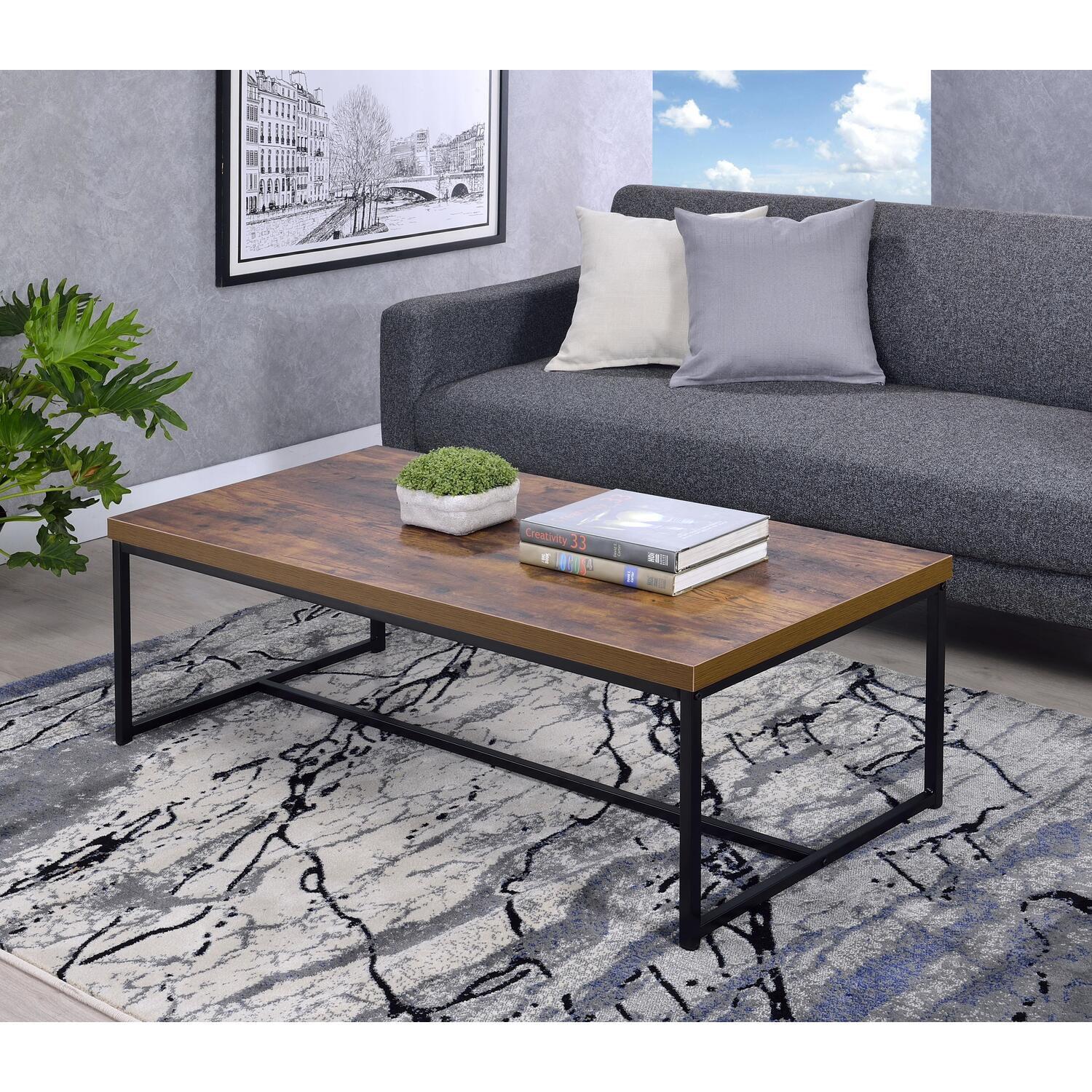 Acme Metal Framed Coffee Table with veneer Top, Weathered Oak Brown and Black