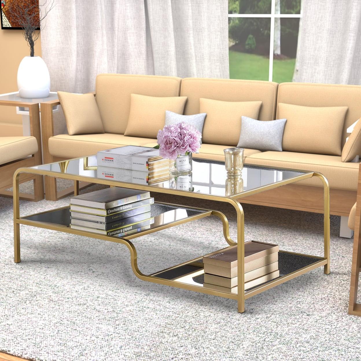 Gold and Mirrored Rectangular Coffee Table with Metal Frame