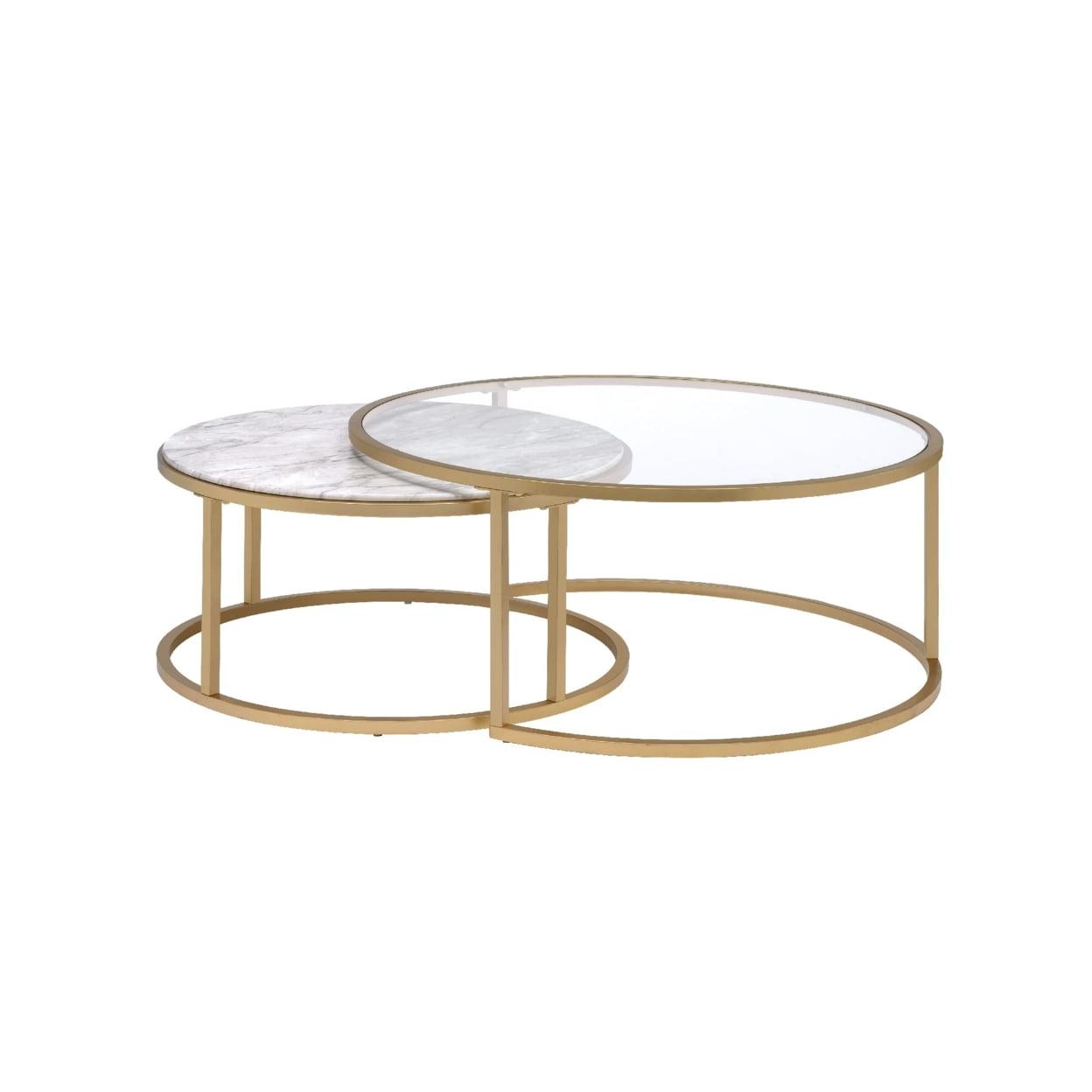 Gold Metal Framed Round Glass and Marble Nesting Coffee Tables