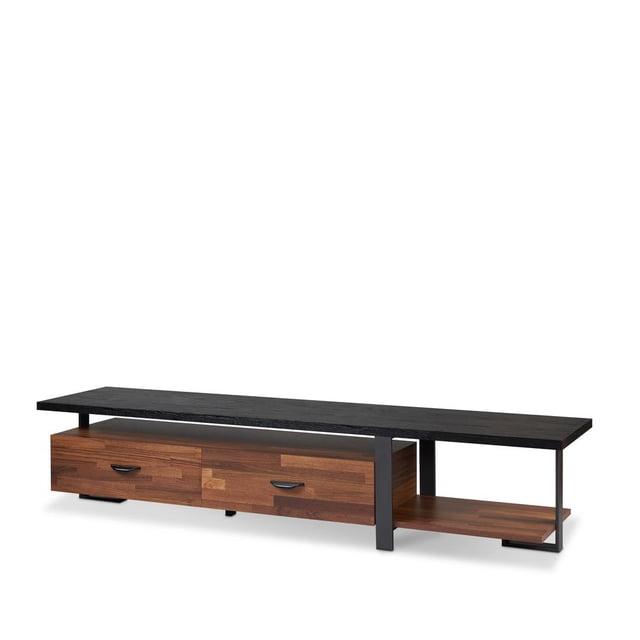 Metal Framed Wooden TV Stand Straight with Two Drawers and Open Shelf Black and Brown - Saltoro Sherpi
