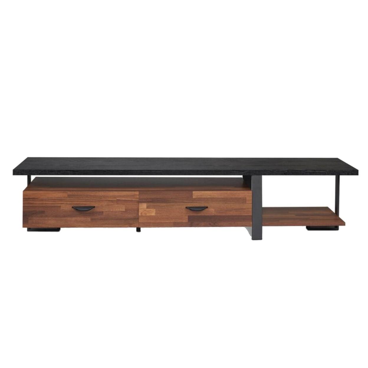 Black and Walnut 71" Metal Framed TV Stand with Cabinet