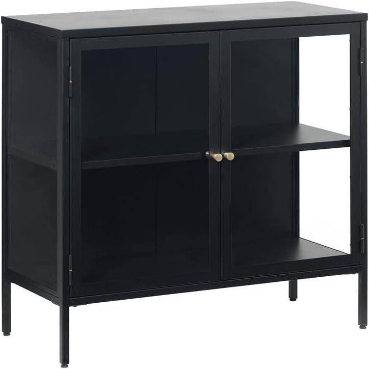 Black Metal and Glass 3-Door Sideboard with Brass Knobs