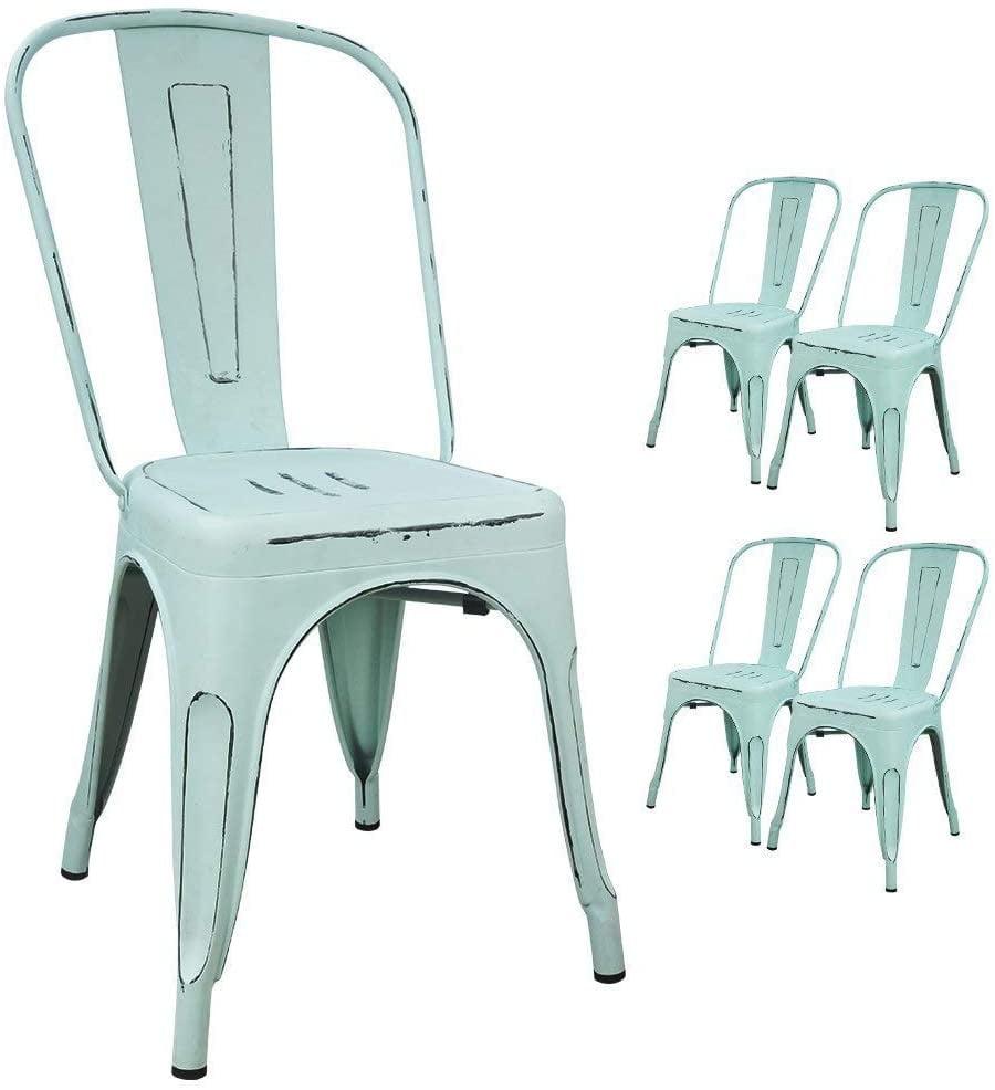 Distressed Blue Metal Stackable Dining Chairs with Back, Set of 4