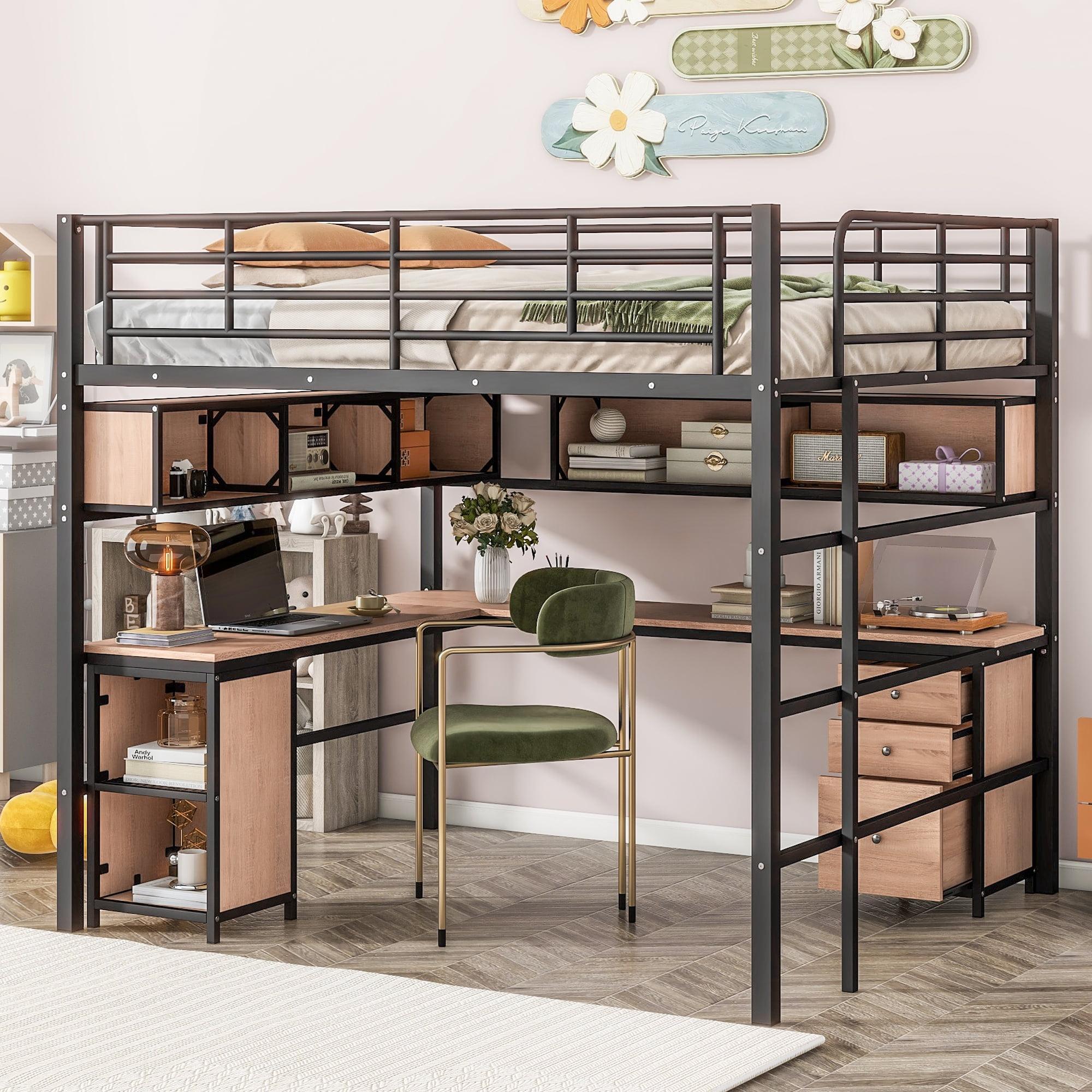 Black Metal Full Loft Bed with Bookcase and Desk