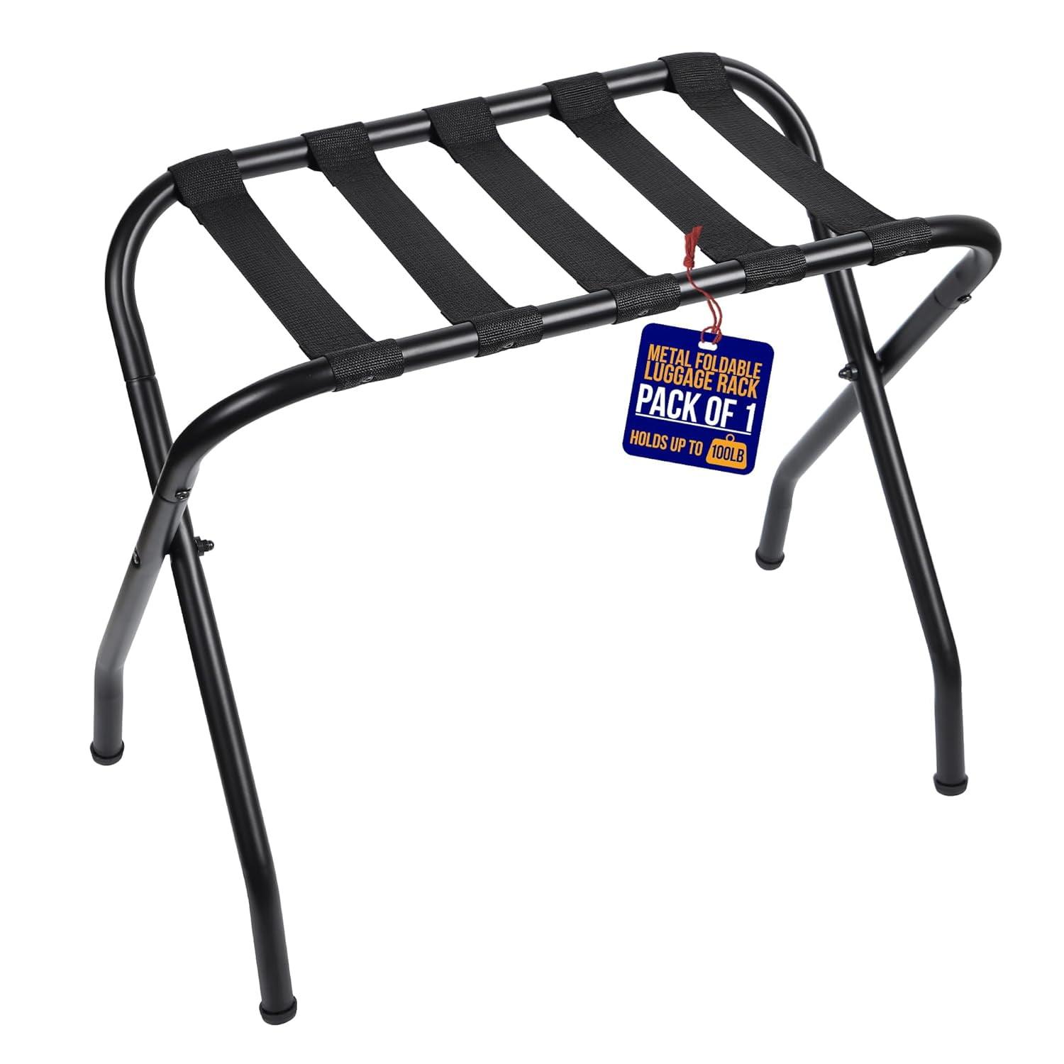 Black Foldable Steel Luggage Rack with Nylon Straps