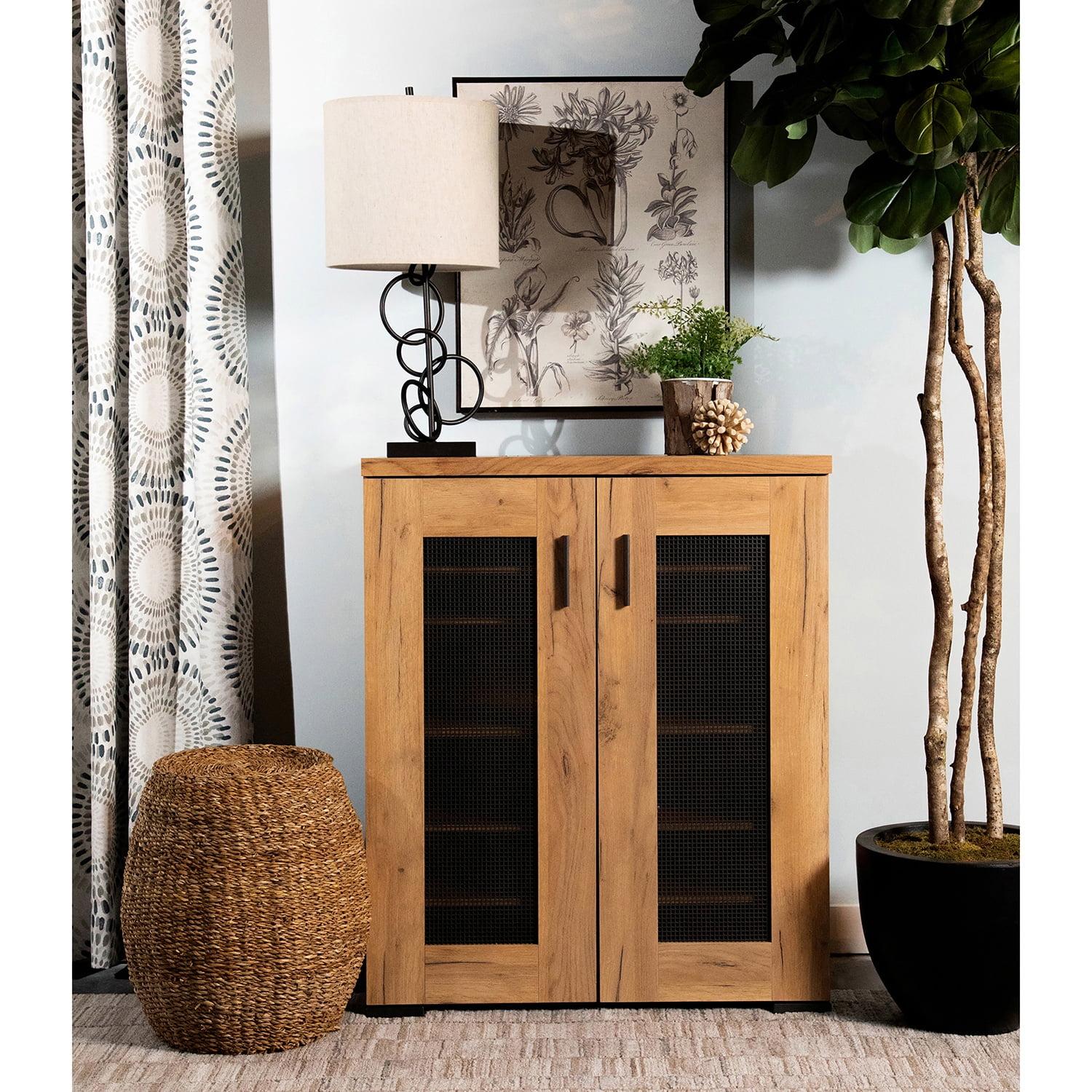 Golden Oak and Gunmetal Mesh Door Accent Cabinet