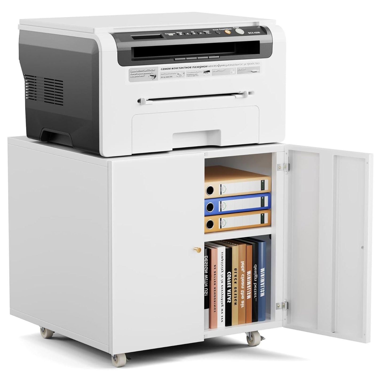 Metal Printer Stand with File Storage Cabinet, Printer Cabinet File Cabinet On Wheels with Door and Adjustable Shelf, Printer Table Stand for Home Office