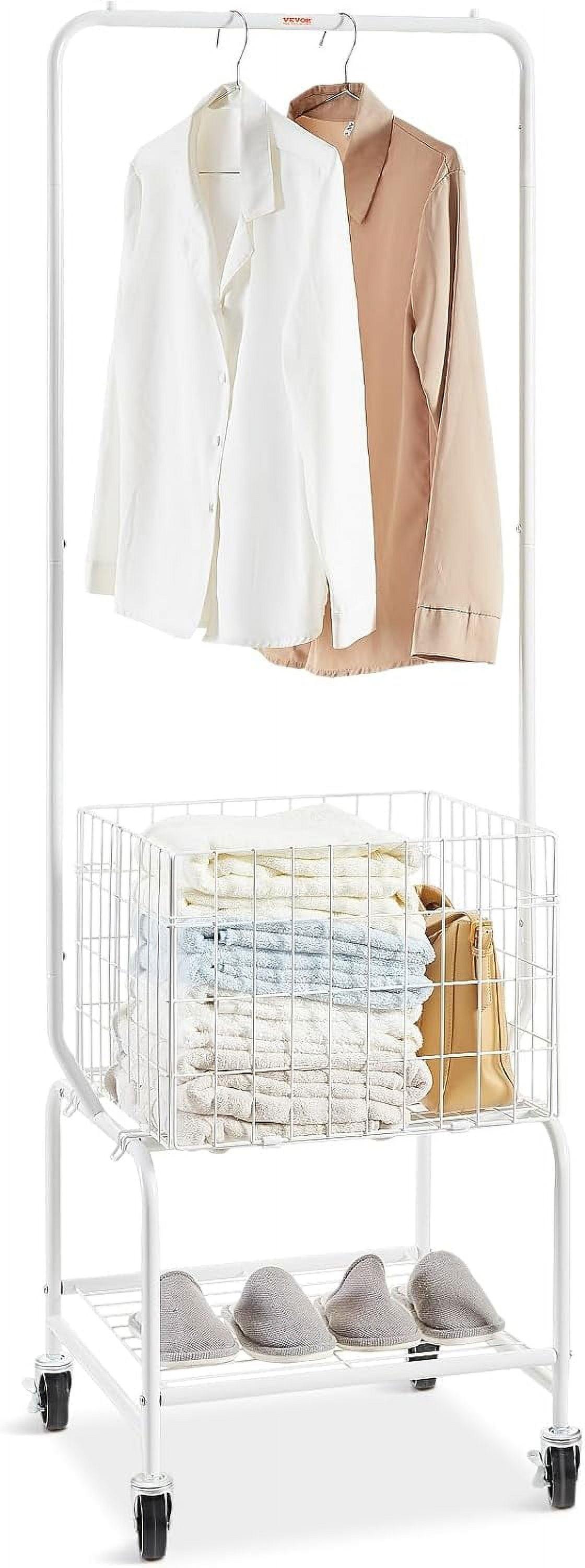 White Metal Rolling Laundry Cart with Adjustable Hanging Rack