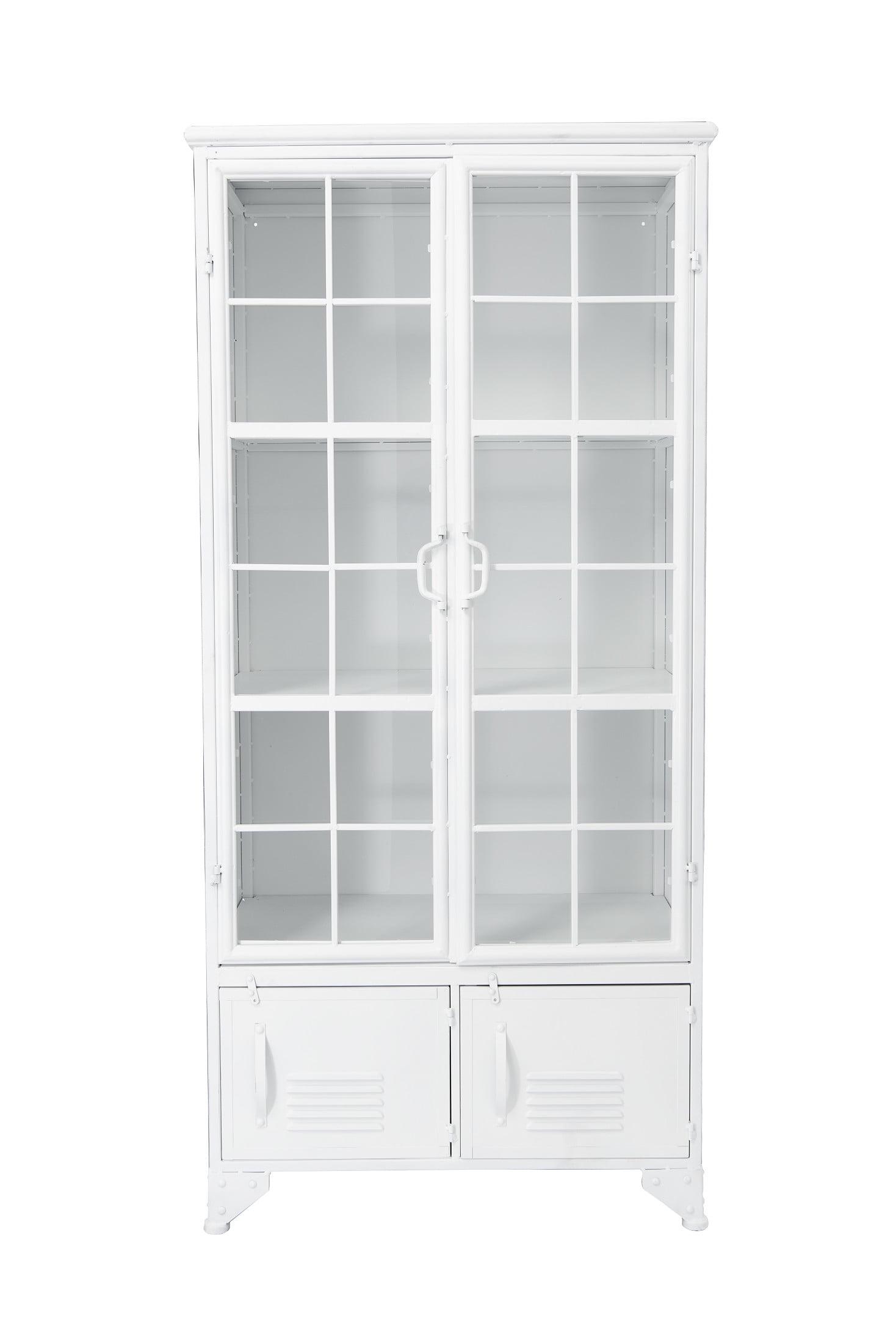 Storied Home Rustic 57.5" Tall Decorative Storage Cabinet White: Iron Frame, 3 Fixed Shelves, 4 Doors