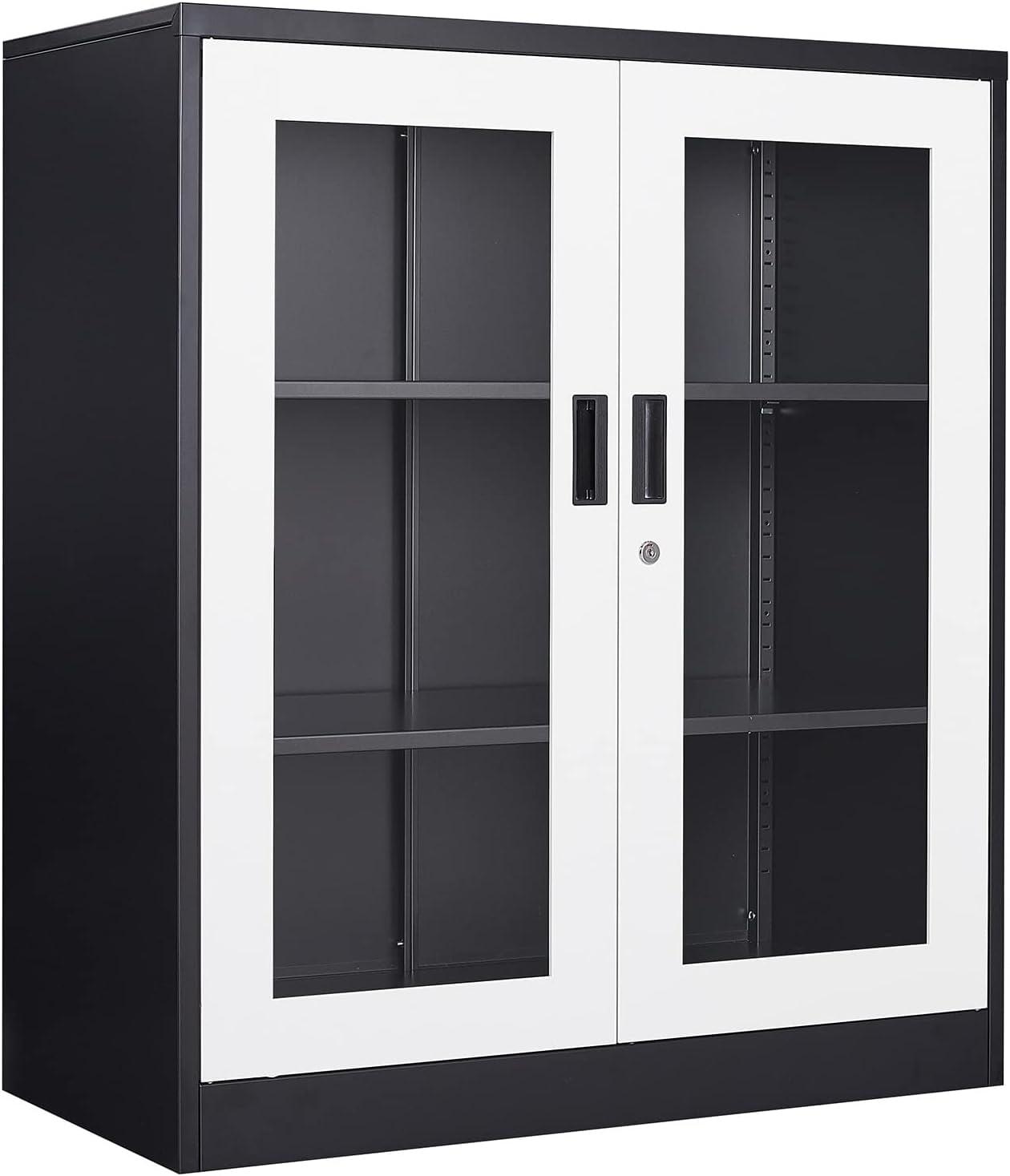 Drevy Metal Storage Cabinet with Doors and Shelves,Glass Cabinet Display Cabinet with Glass Doors,Office Cabinet with Storage Shelves and Double Doors, for Garage and Utility Room, Home Office