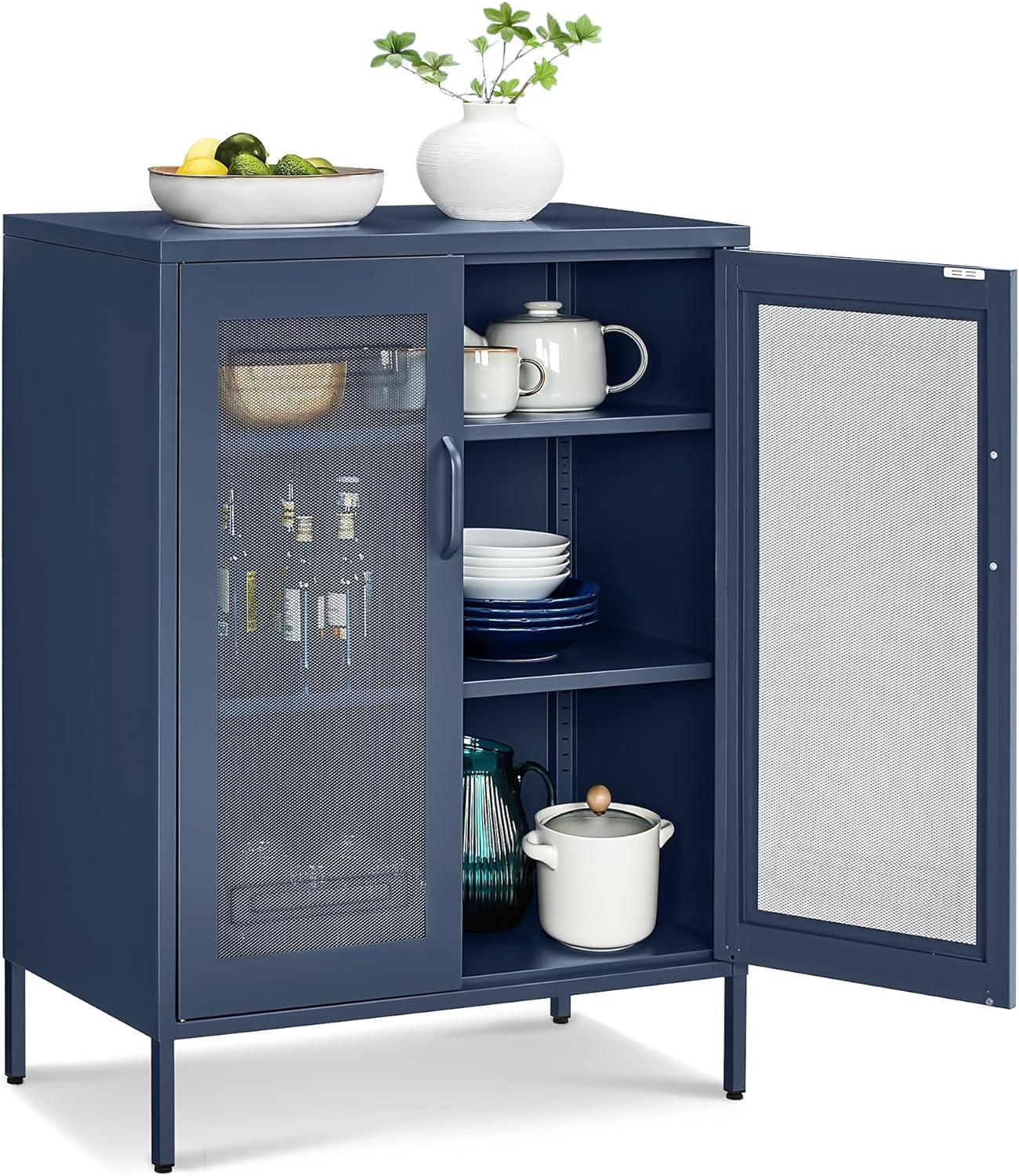 Metal Storage Cabinet with Mesh Doors, Steel Display Cabinets with Adjustable Shelves for Bathroom Home Office, Midnight Blue UOMC002Q03