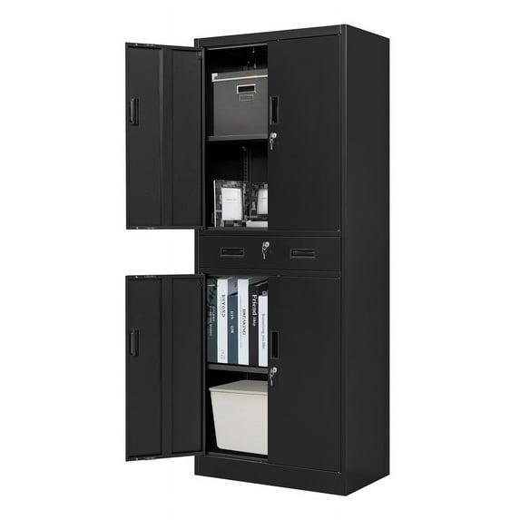 Metal Storage Cabinets with Drawer and Adjustable Shelves, Lockable Storage Cabinet for Pantry Home Office Garage Kitchen Living Dining Room (Black)