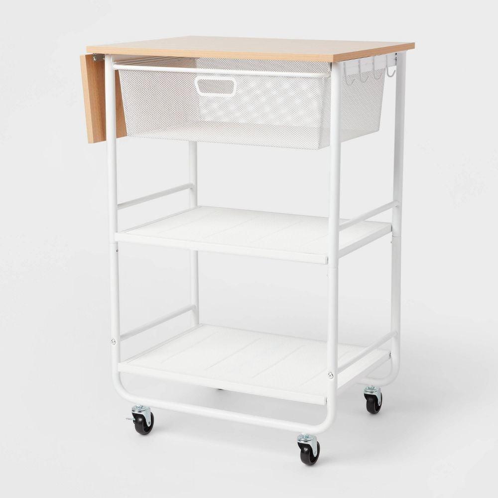 White Metal Storage Cart with Mesh Drawer and Wood Top