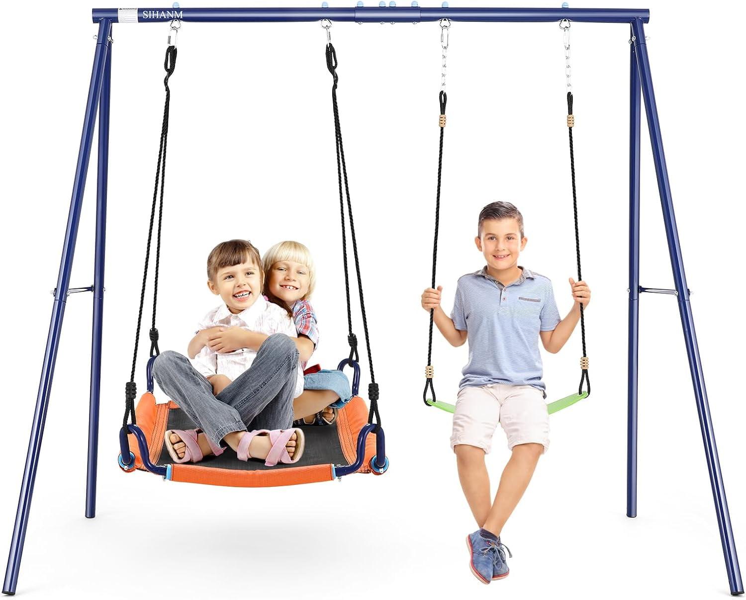 Metal Swing Sets for Backyard - 440 lbs Heavy Duty Swing Stand A-Frame Kids Outdoor Swing Adjustable Ropes Saucer Swing with Frame 2 Seats Playground Sets