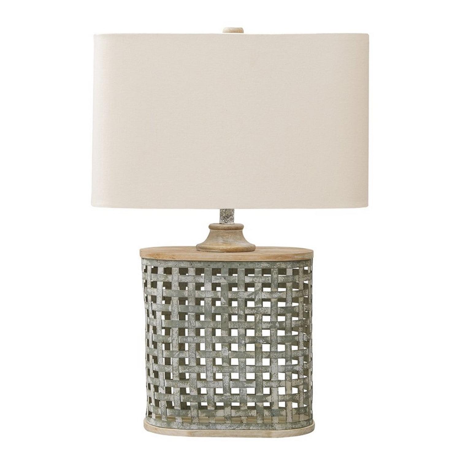 Metal Table Lamp with Lattice Design Body & Hardback Shade, Gray & Beige