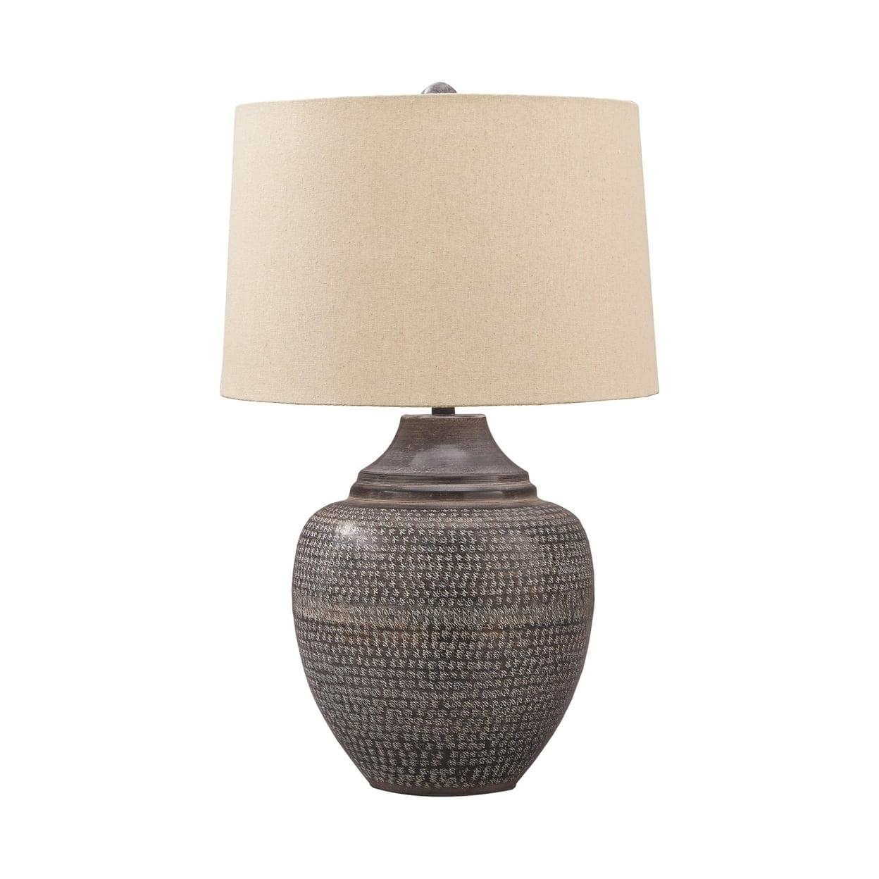 Antiqued Brown Metal Urn Table Lamp with Beige Shade