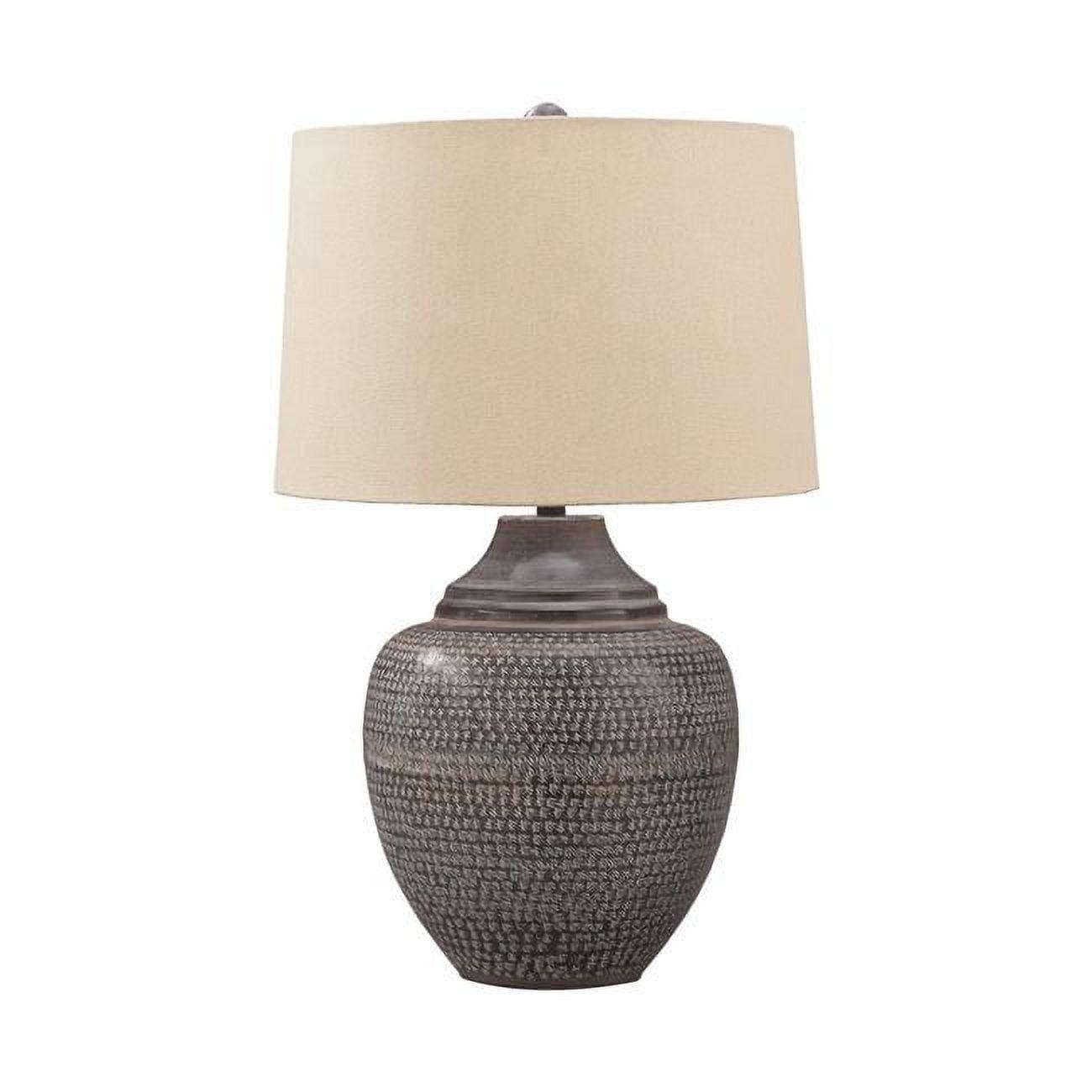 Antiqued Brown Metal Urn Table Lamp with Beige Shade