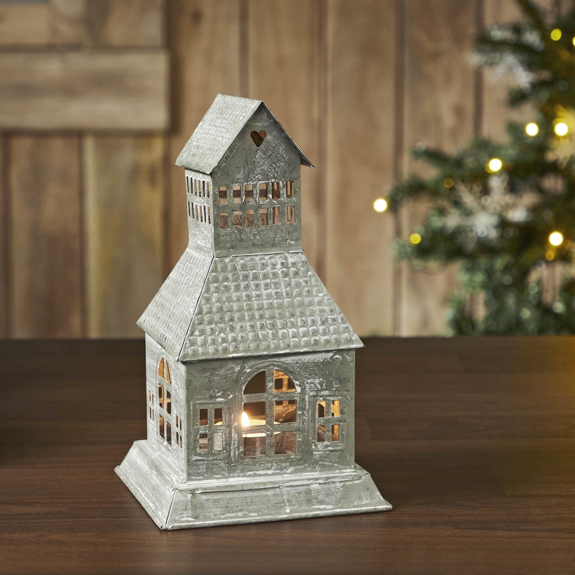 VHC Brands Festive Finds Tealight Holder Metal Village House A 9.5x5.5x5.5