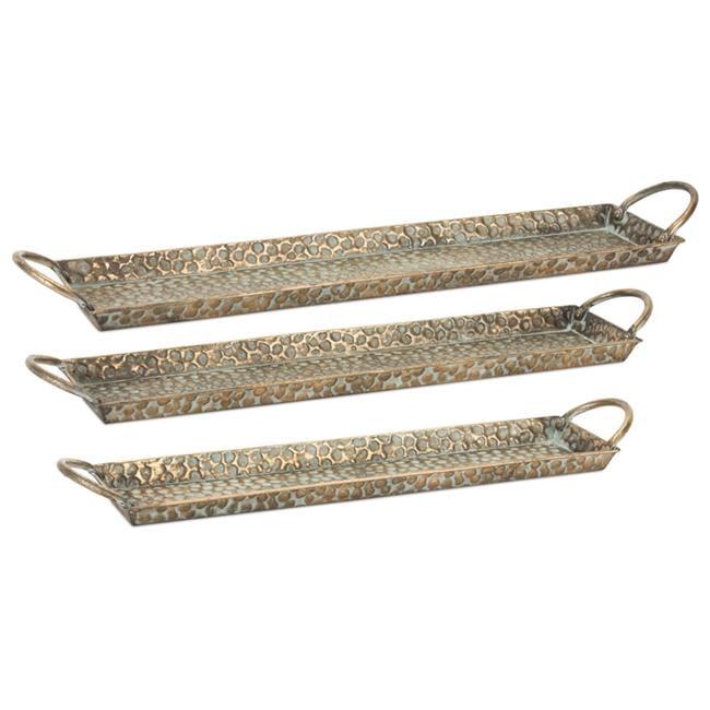 Hammered Metal Tray with Washed Finish and Handles (Set of 3)