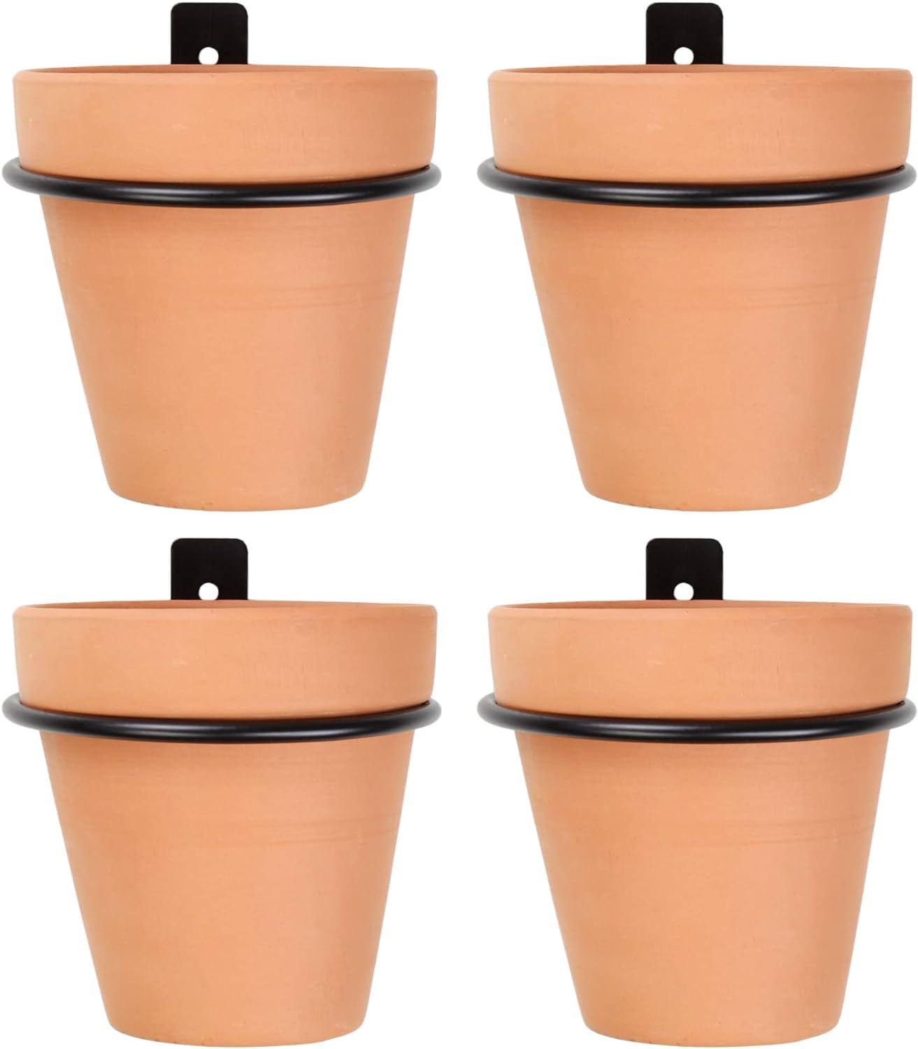 Darware 4in Metal Wall Ring Planters w/ Pots 4pk, Wall Mounted Clay Pots w/ Holders for Plants and Flowers