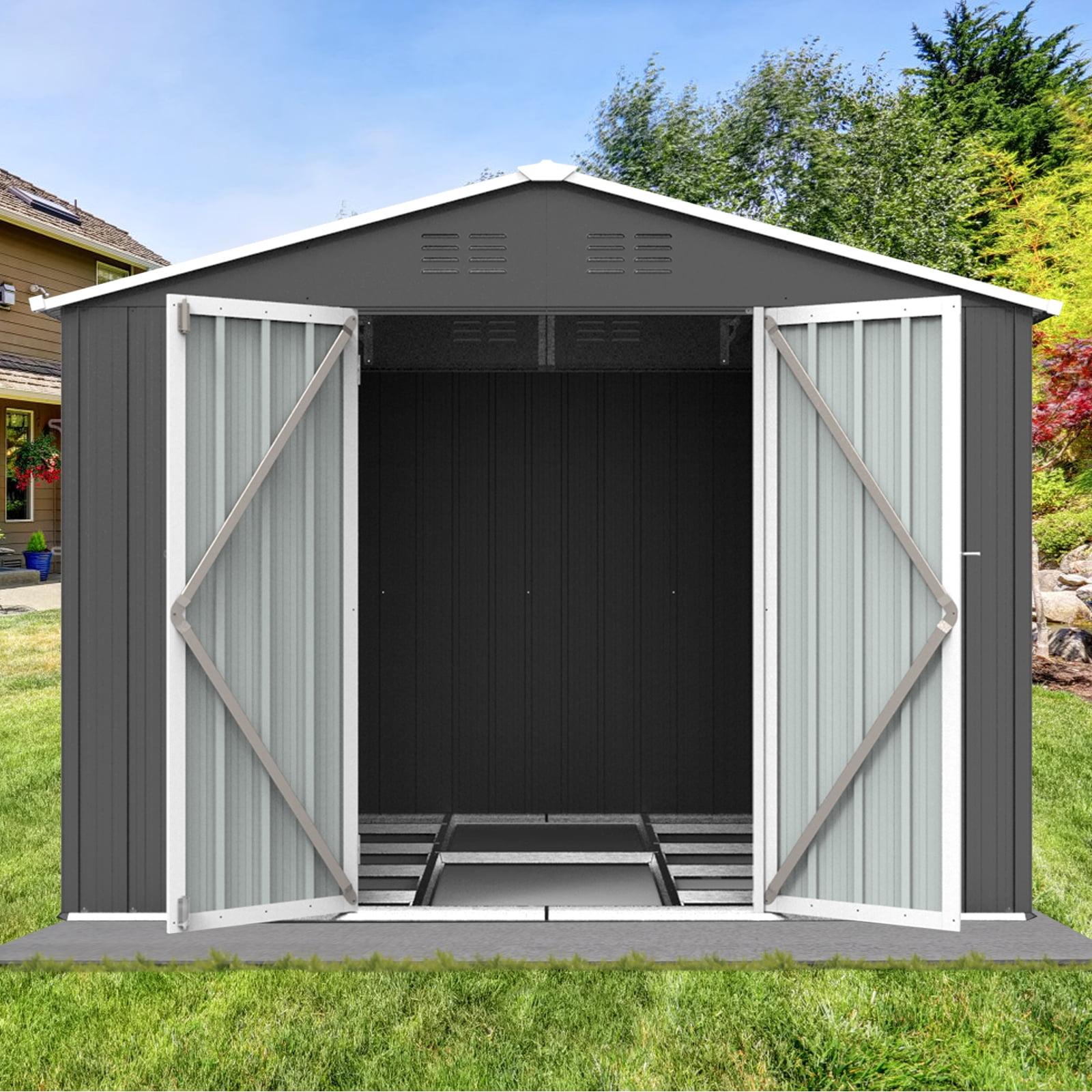 6ft x 8ft Gray Metal Garden Storage Shed with Hinged Doors